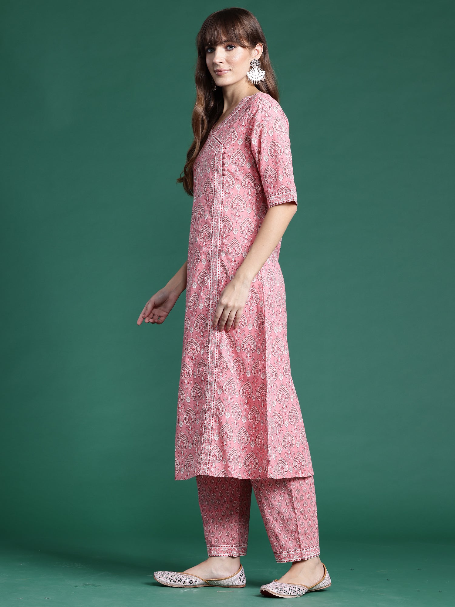 Pink Printed A-Line Kurta Trousers With Dupatta set