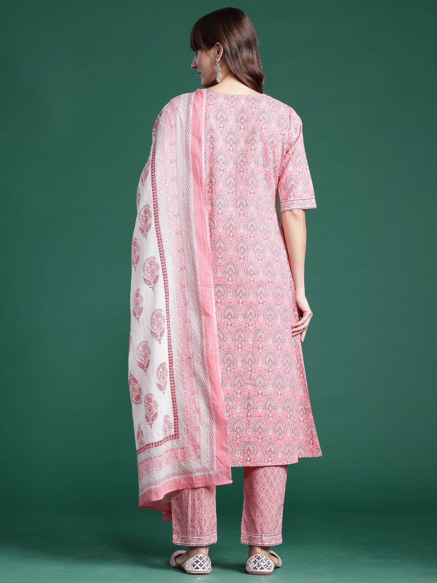 Pink Printed A-Line Kurta Trousers With Dupatta set