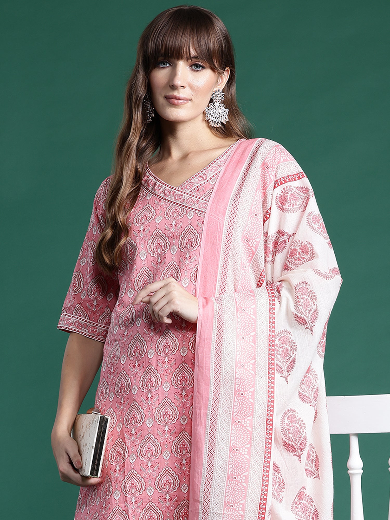 Pink Printed A-Line Kurta Trousers With Dupatta set