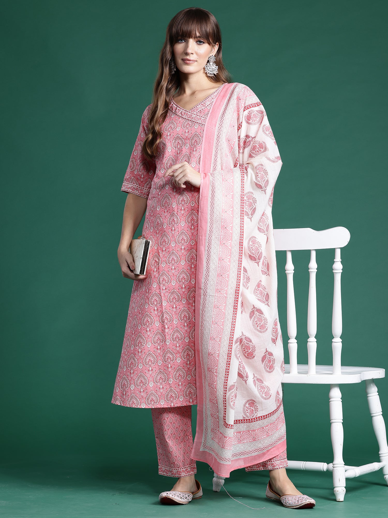 Pink Printed A-Line Kurta Trousers With Dupatta set