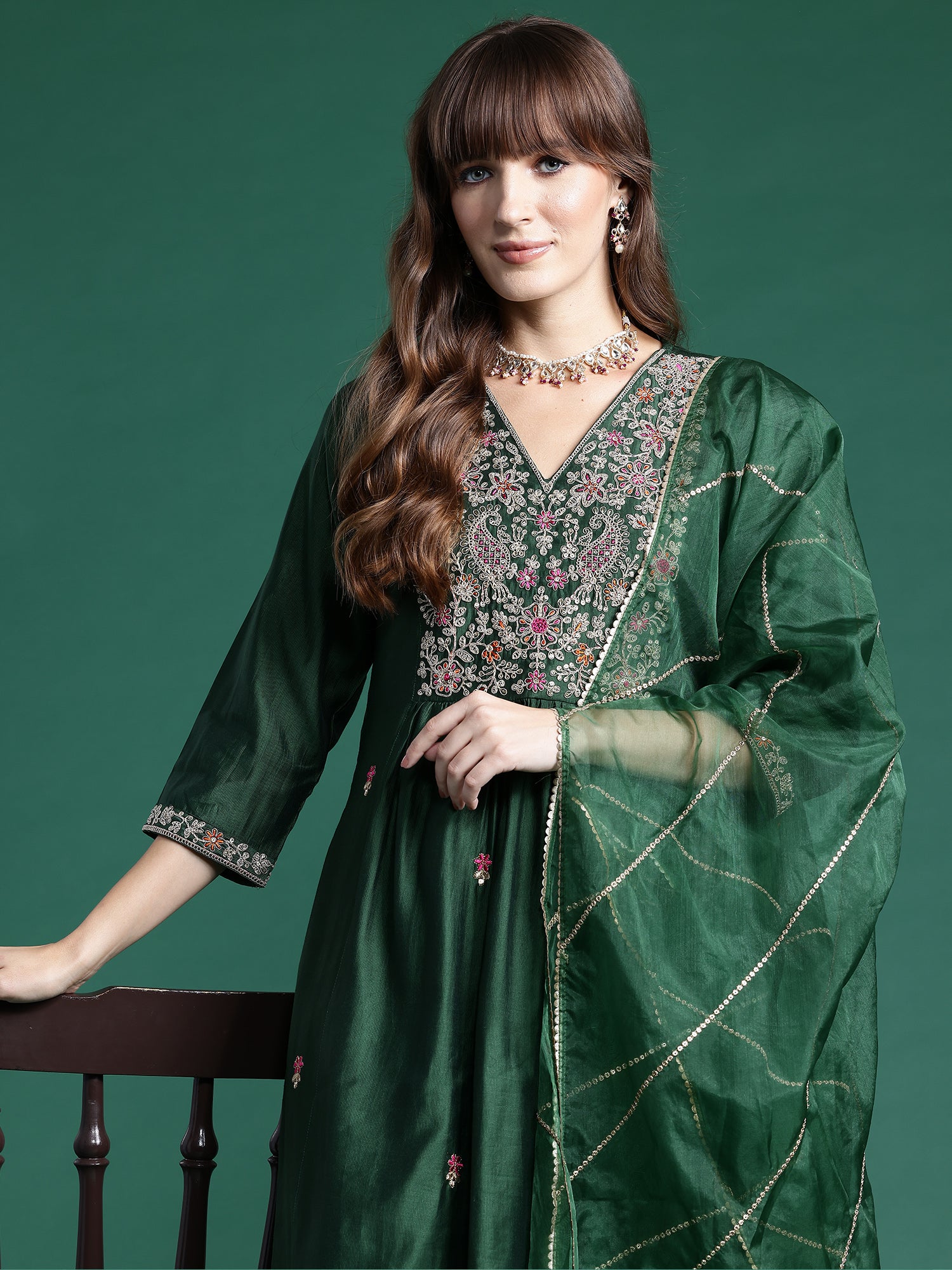 Green Embroidered A-Line Kurta Trousers set