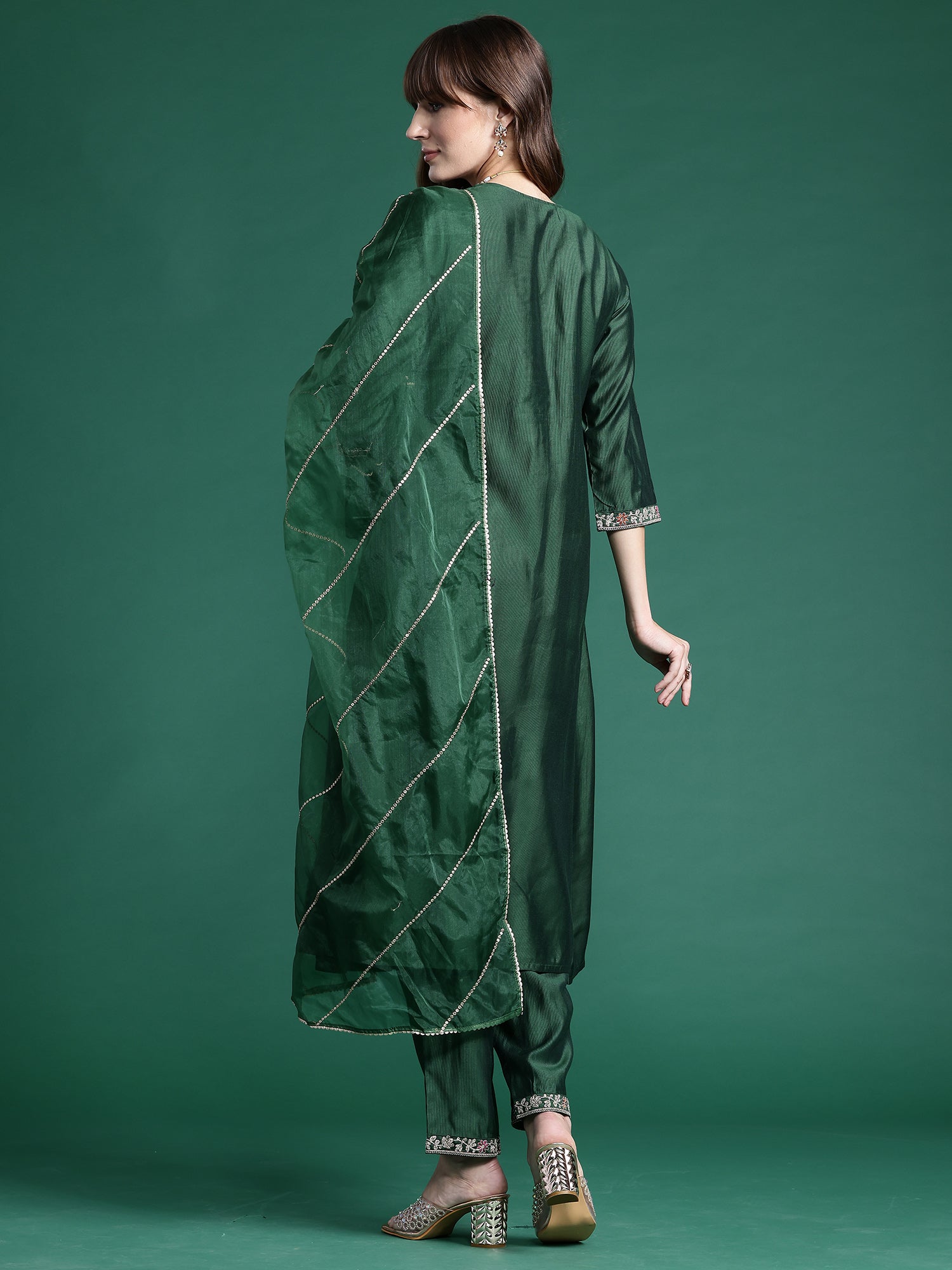 Green Embroidered A-Line Kurta Trousers set