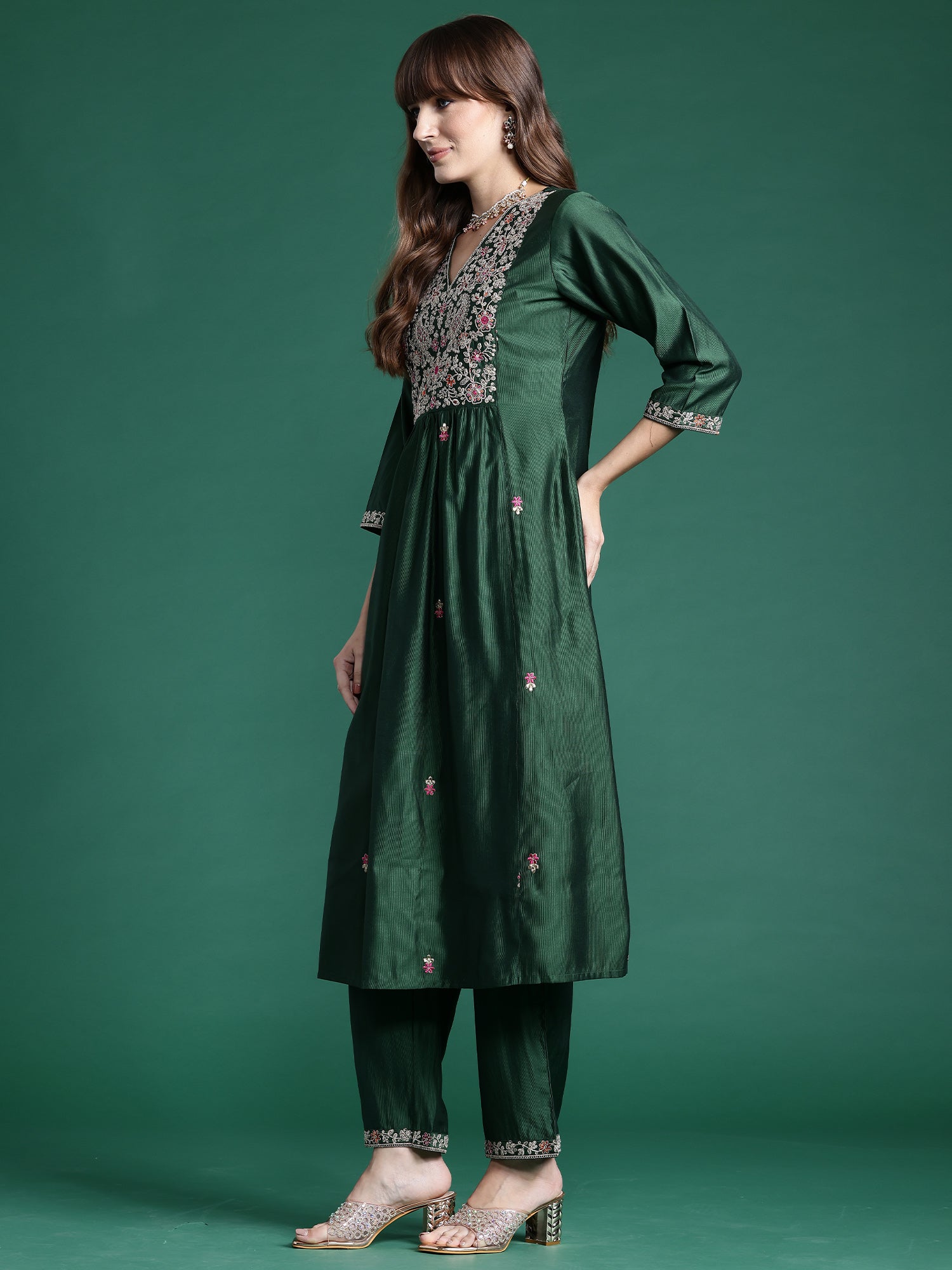 Green Embroidered A-Line Kurta Trousers set