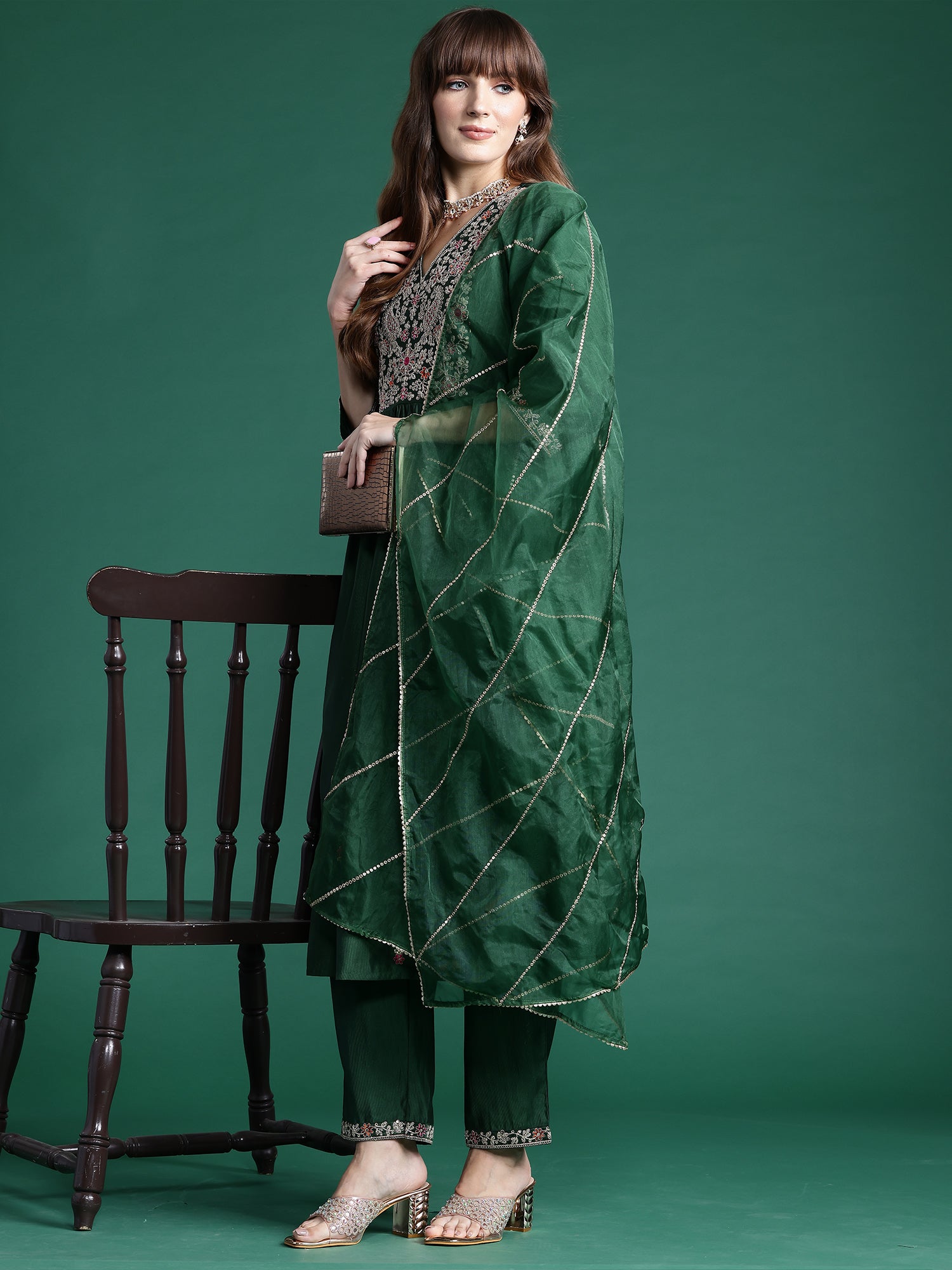 Green Embroidered A-Line Kurta Trousers set