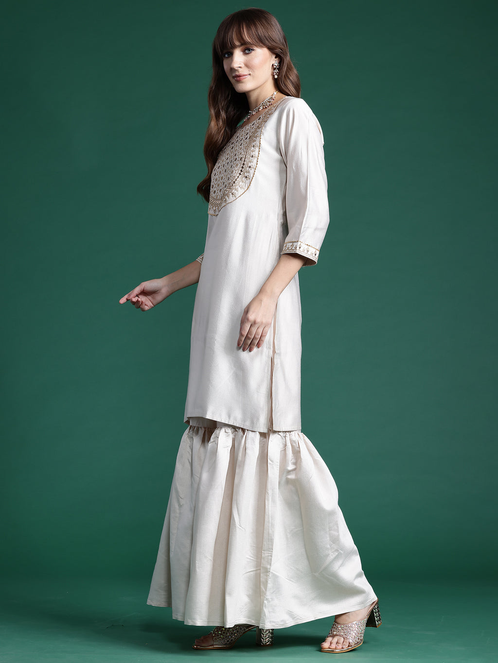 Off White Embroidered Straight Kurta Sharara With Dupatta  Set