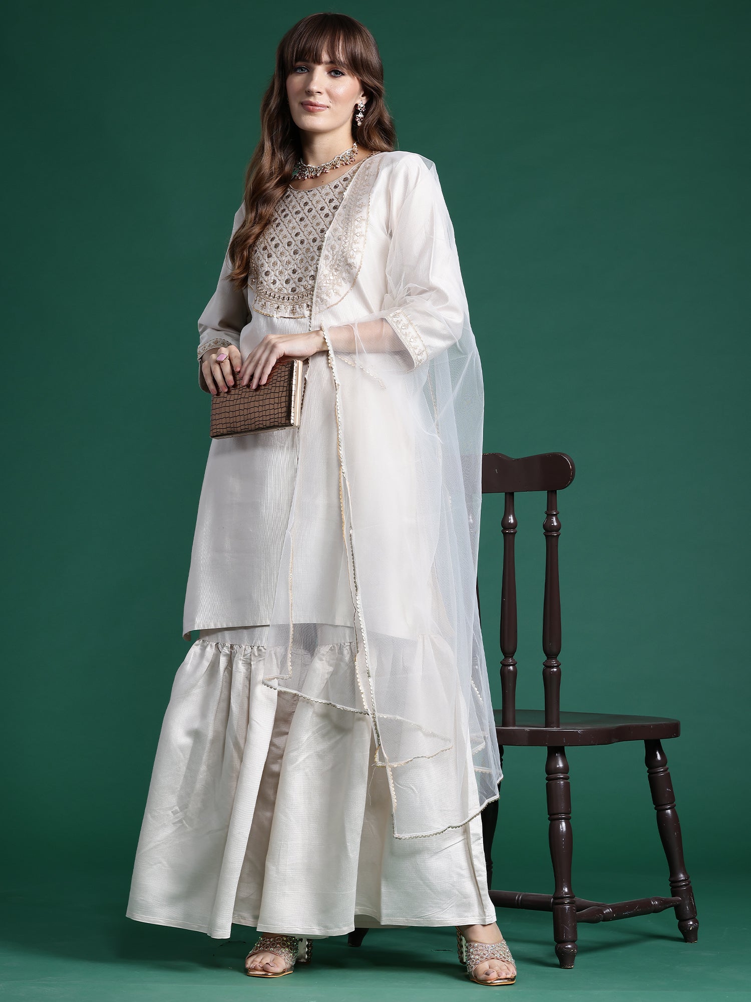 Off White Embroidered Straight Kurta Sharara With Dupatta  Set