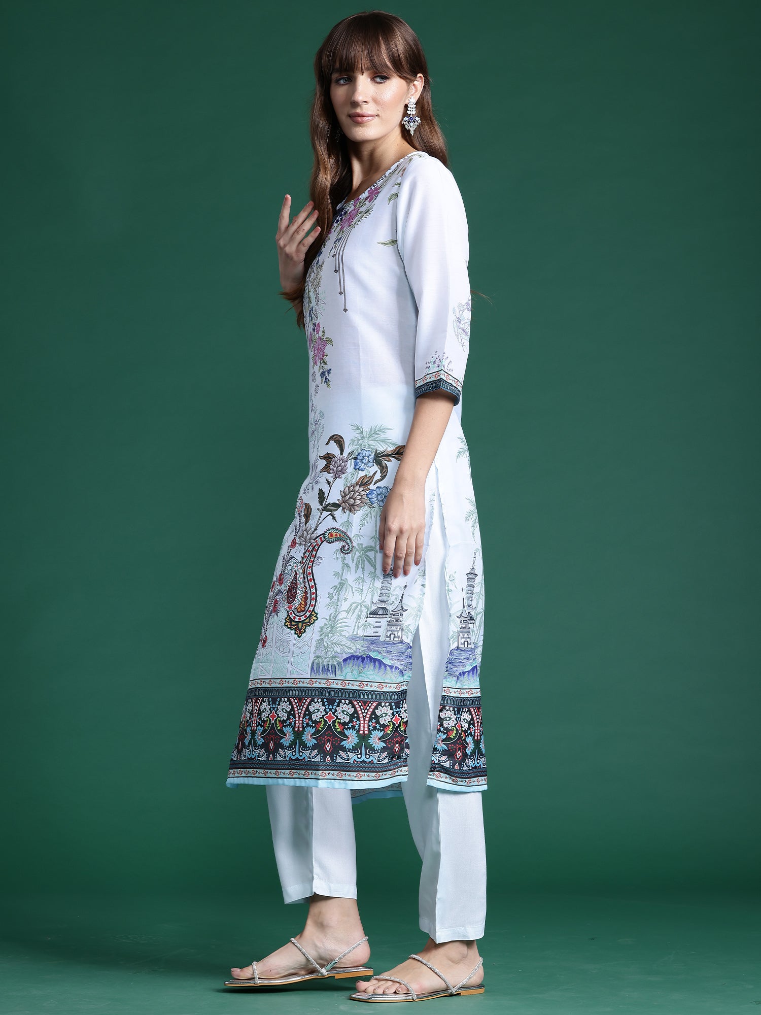 Blue Printed Straight Kurta Trousers With Dupatta Set