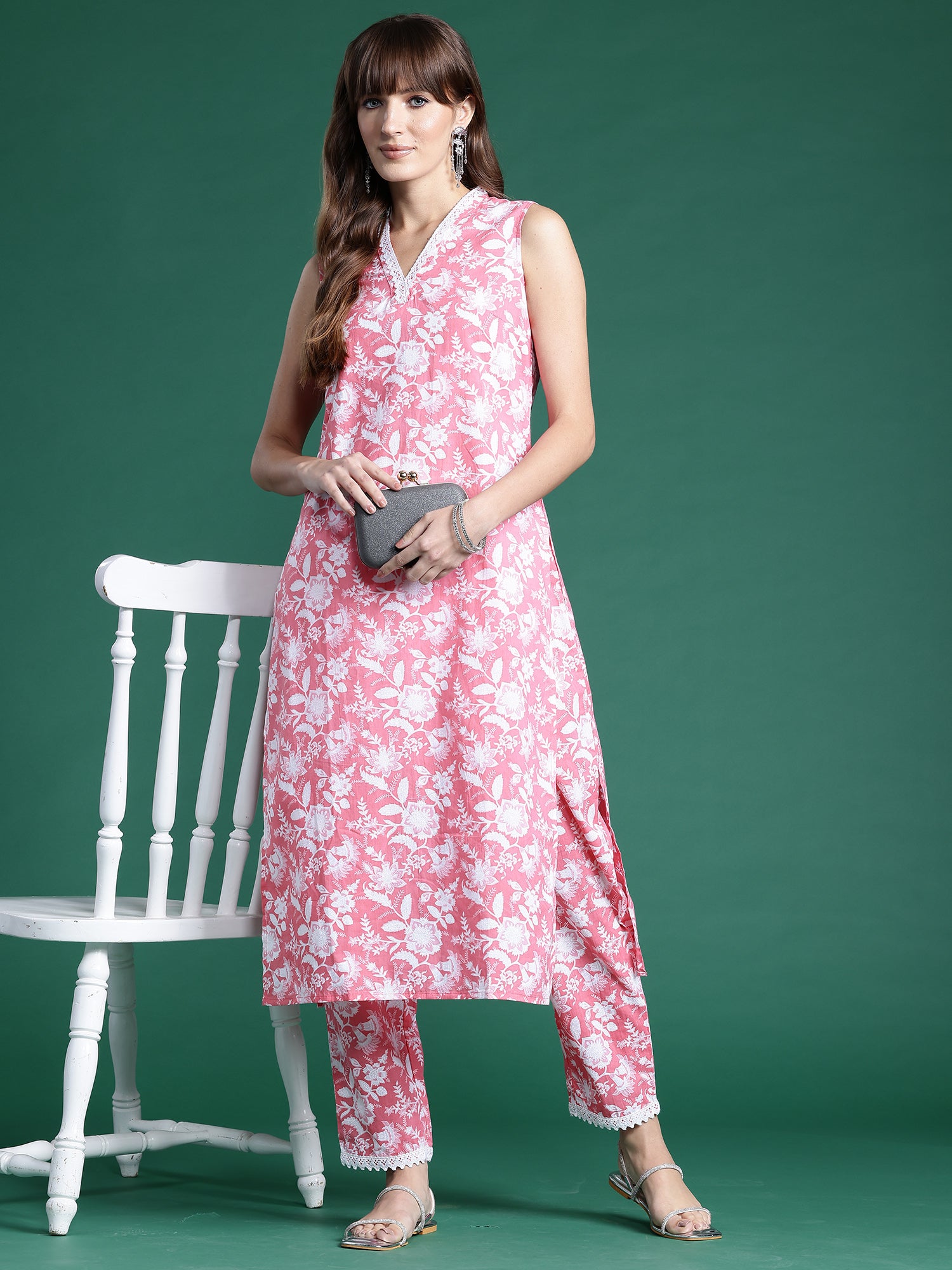 Pink Printed Straight Kurta Trousers set