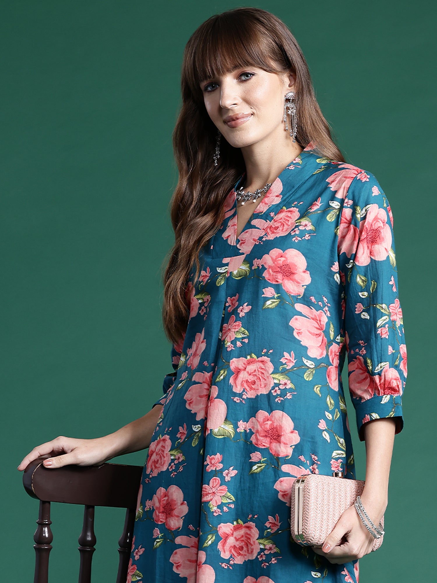 Teal Printed A-Line Kurta Trousers set