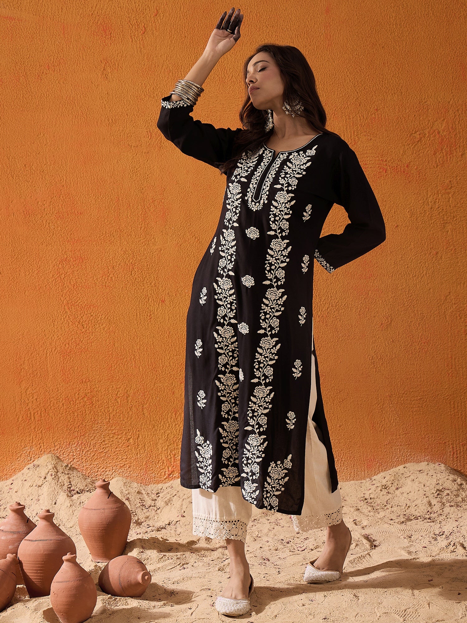 Black Embroidered Straight Kurtas