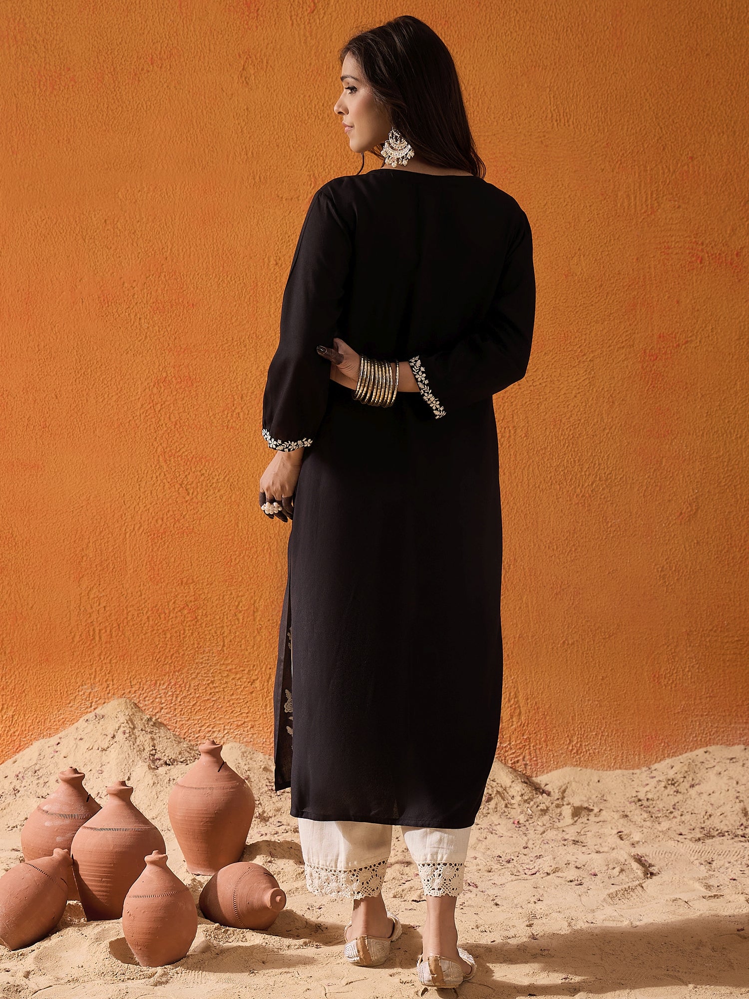 Black Embroidered Straight Kurtas