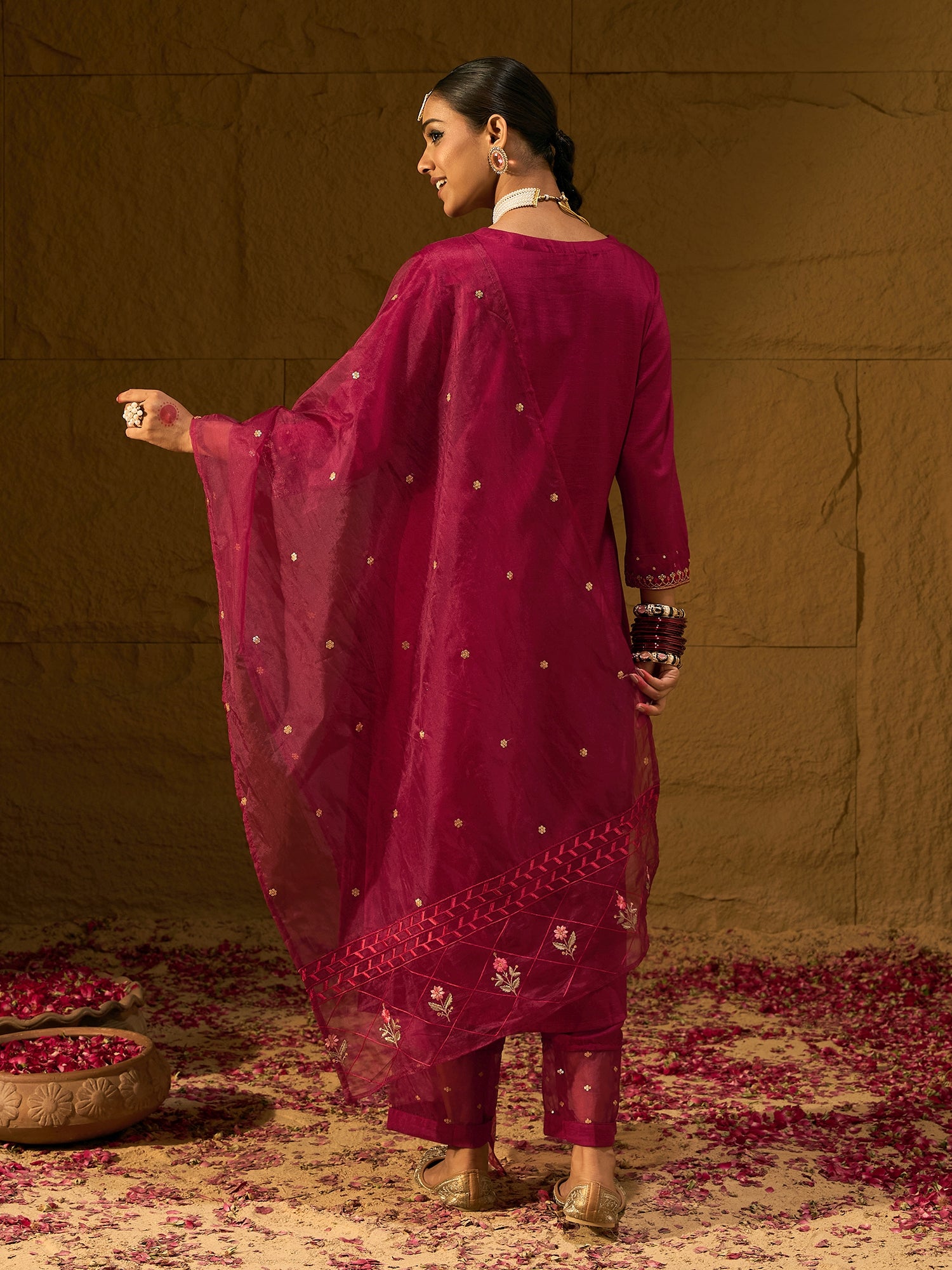 Maroon Embroidered Straight Kurta Trousers With Dupatta Set