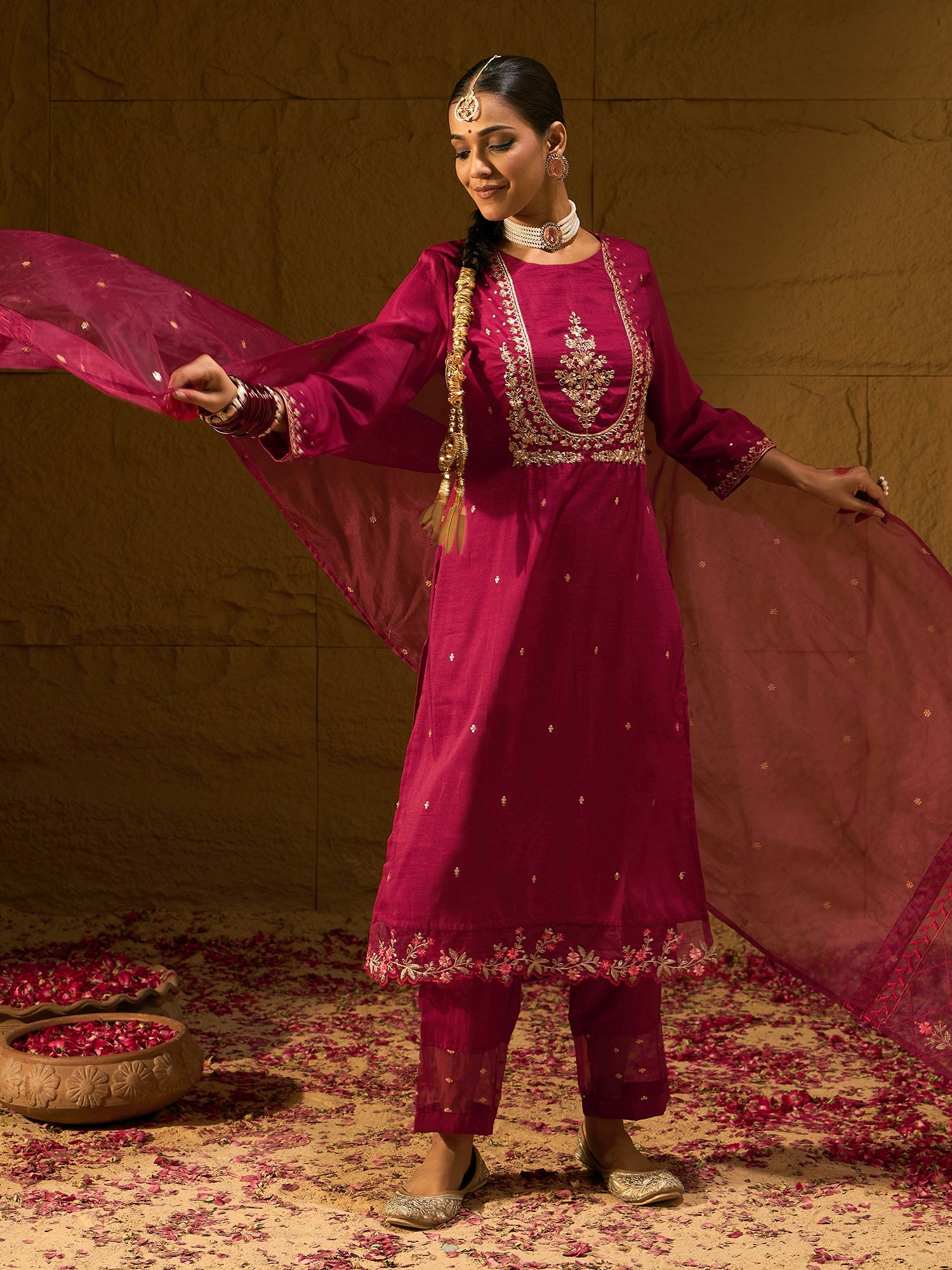 Maroon Embroidered Straight Kurta Trousers With Dupatta Set