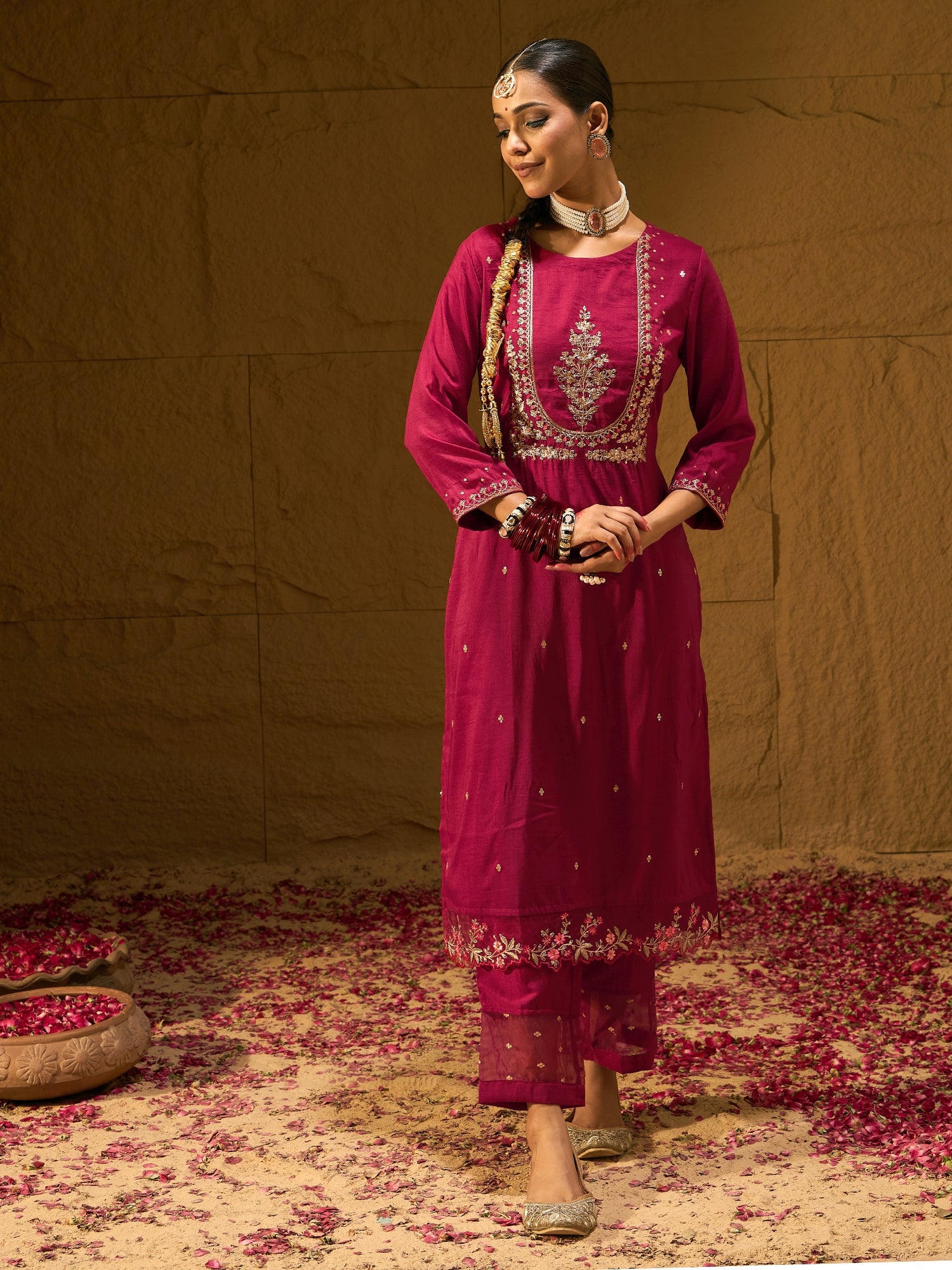 Maroon Embroidered Straight Kurta Trousers With Dupatta Set