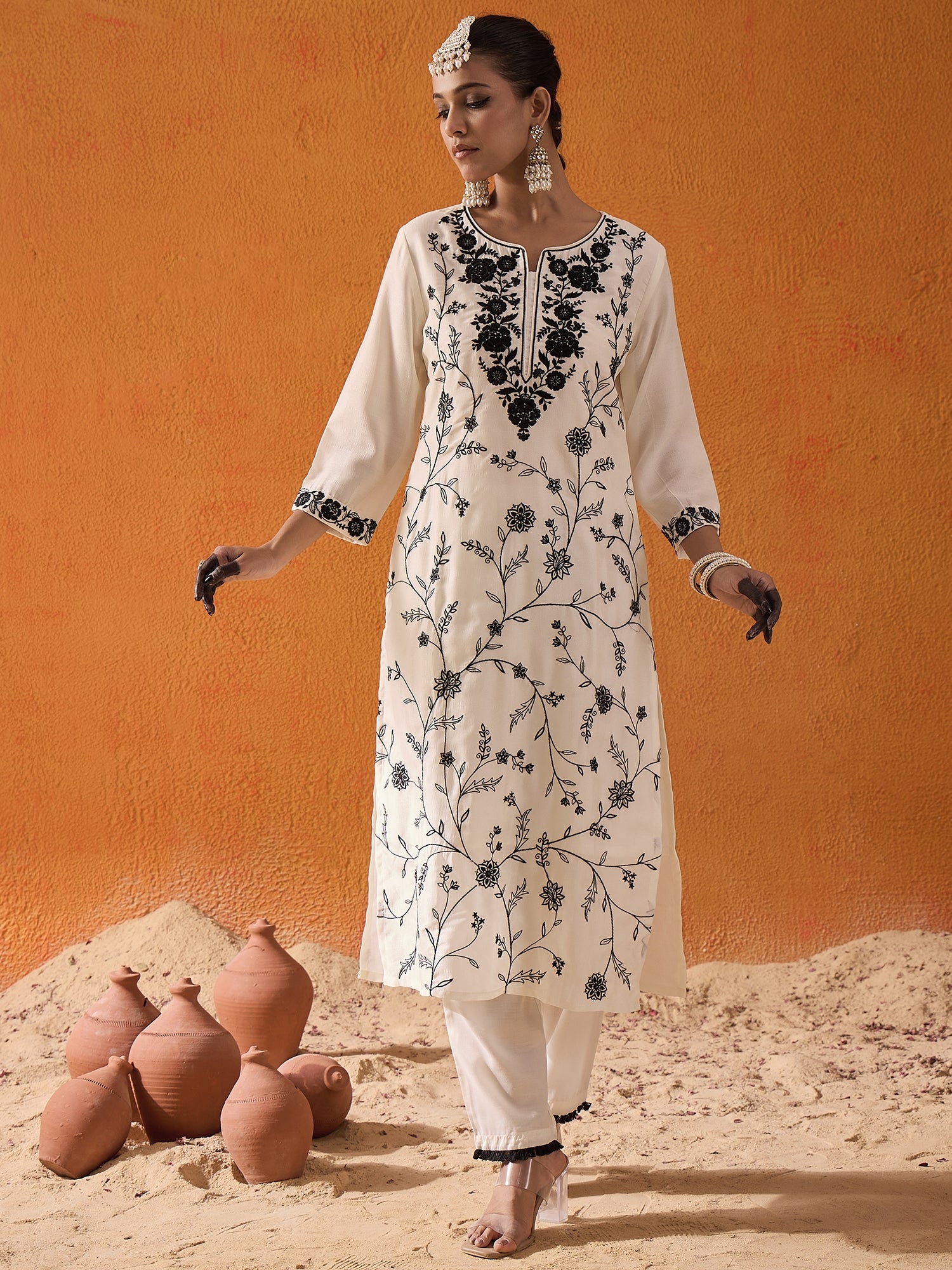 White Straight Embroidered Kurta Trousers With Dupatta Set