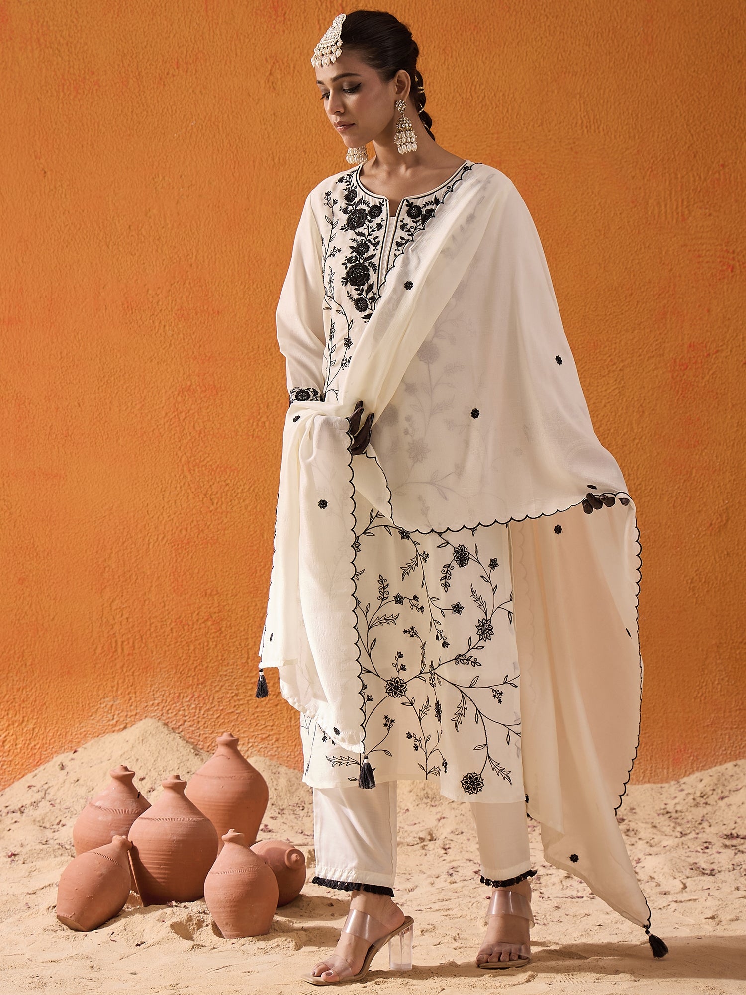 White Straight Embroidered Kurta Trousers With Dupatta Set