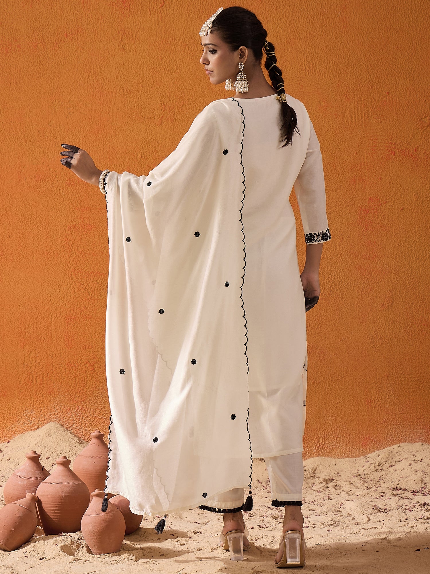 White Straight Embroidered Kurta Trousers With Dupatta Set