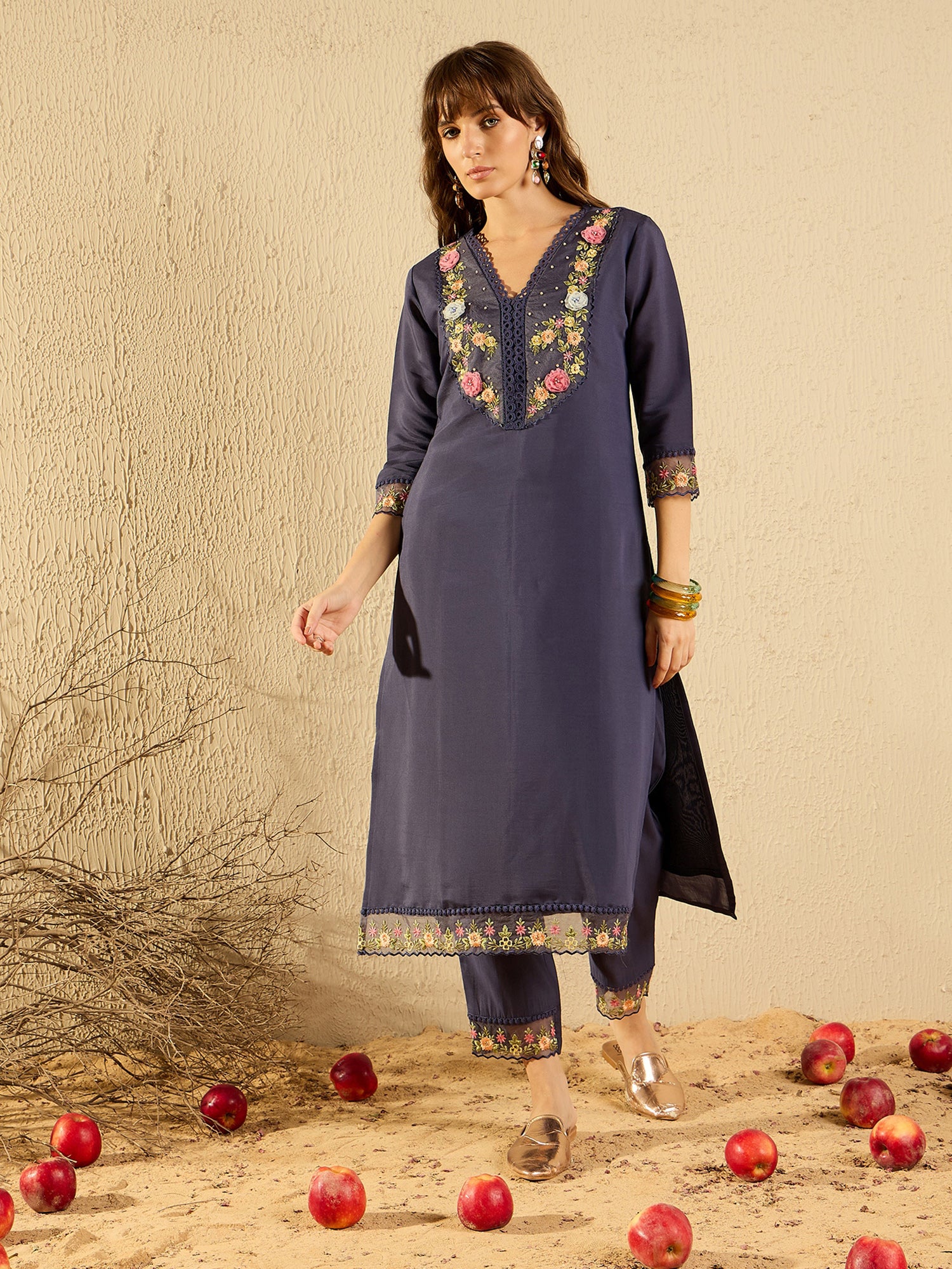 Grey Embroidered Straight Kurta Trousers With Dupatta Set