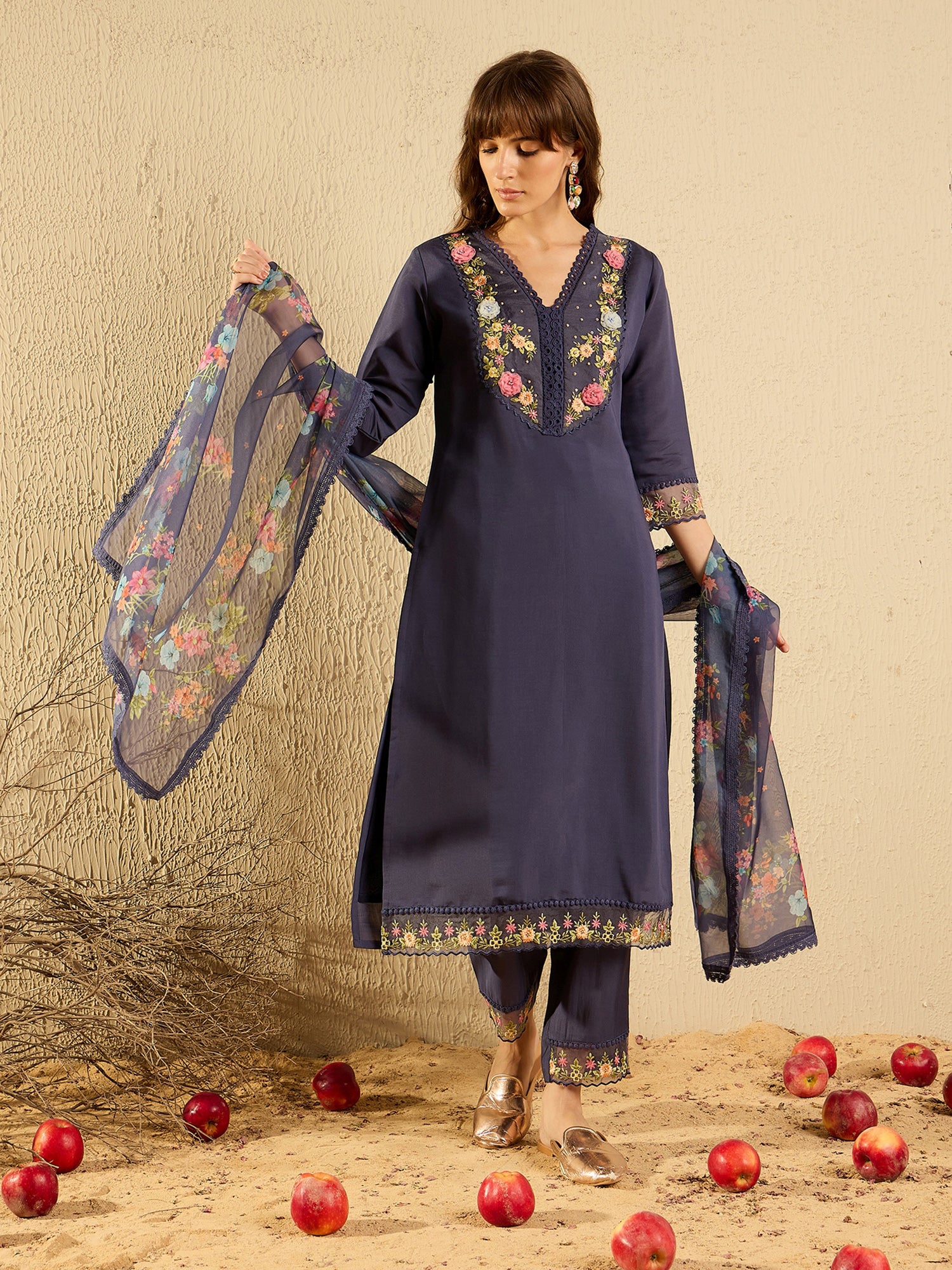 Grey Embroidered Straight Kurta Trousers With Dupatta Set