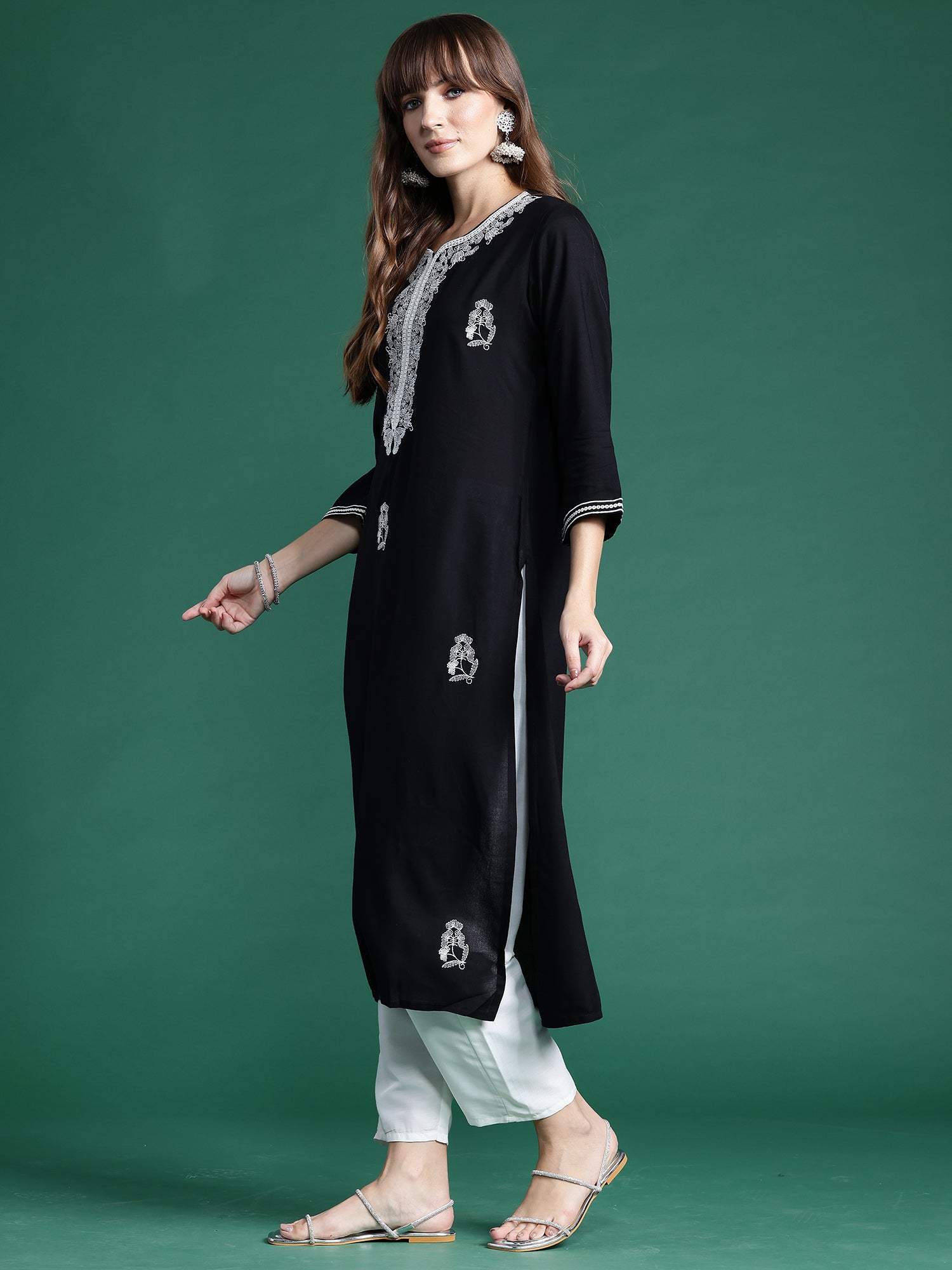 Black Embroidered Straight Kurtas