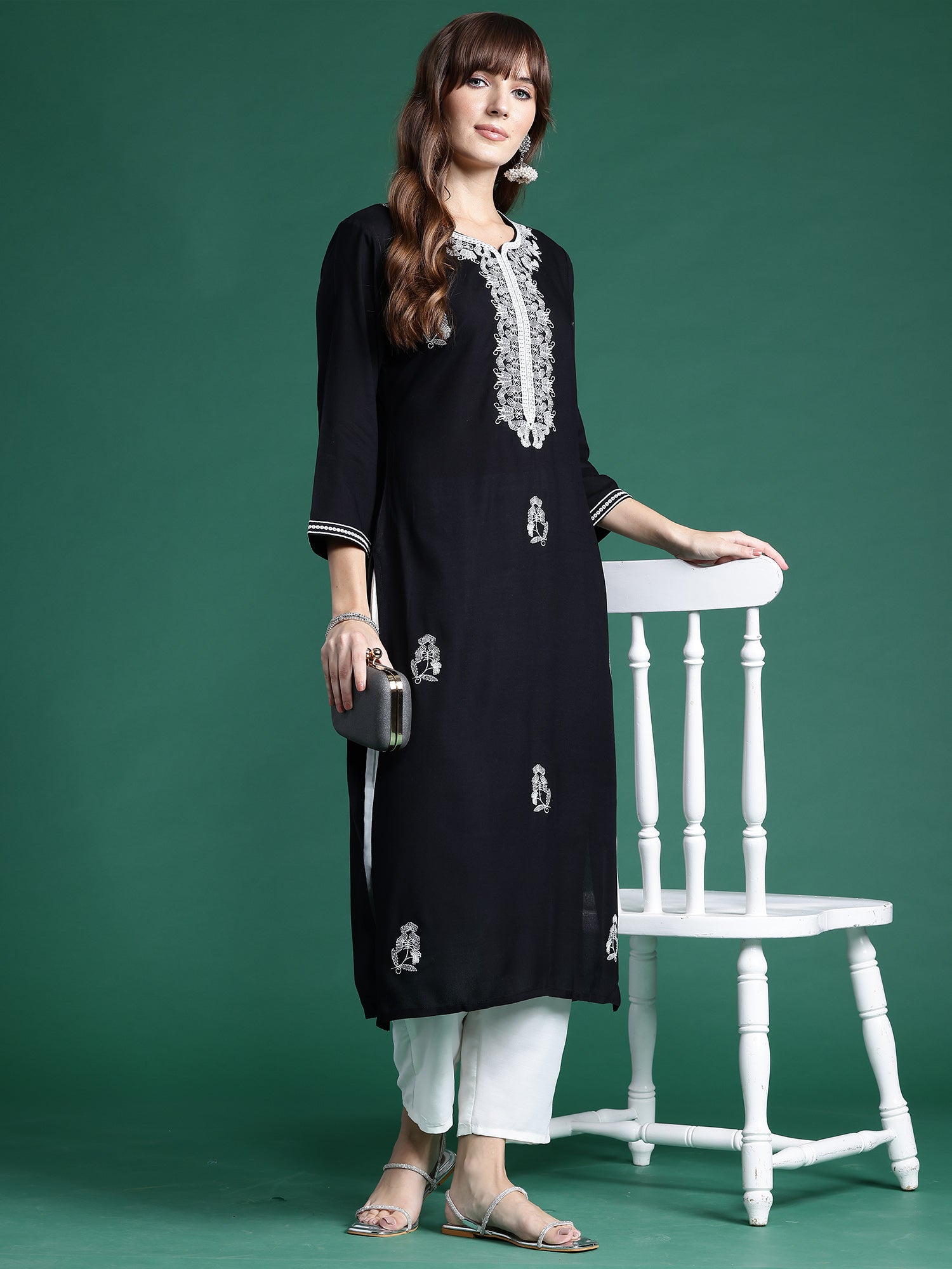 Black Embroidered Straight Kurtas