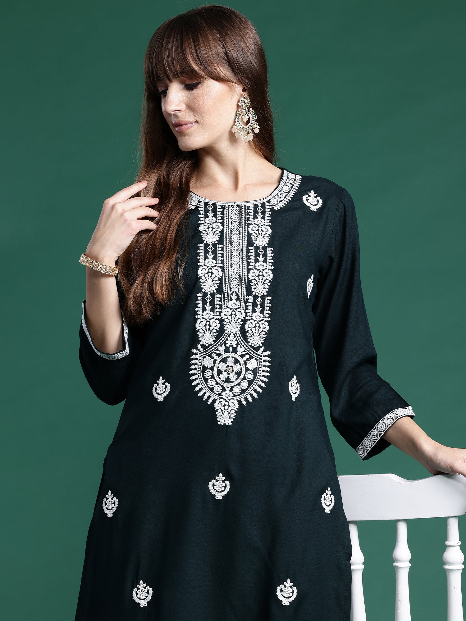 Green Embroidered Straight Kurtas