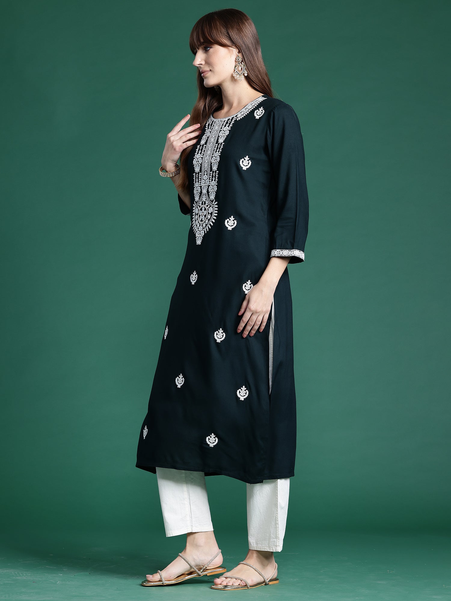 Green Embroidered Straight Kurtas