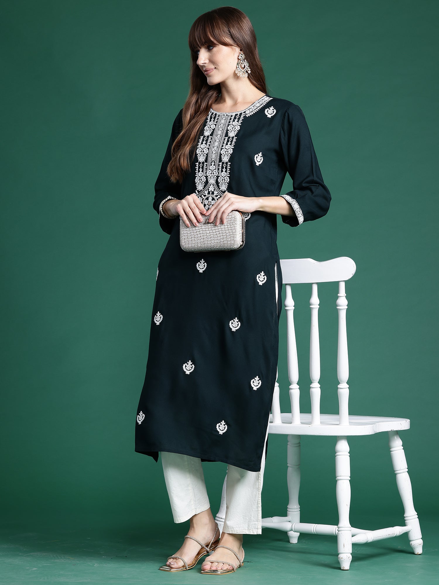 Green Embroidered Straight Kurtas