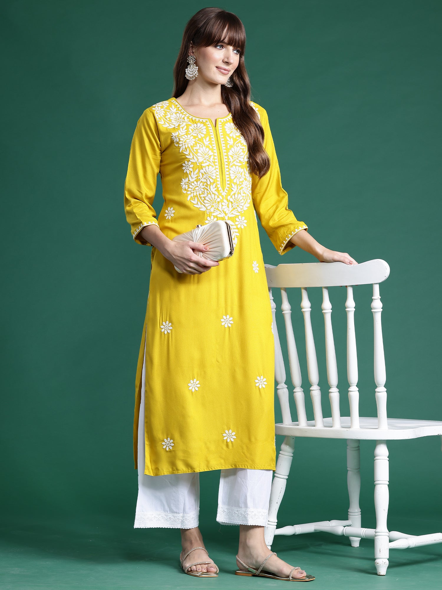 Yellow Embroidered Straight Kurtas