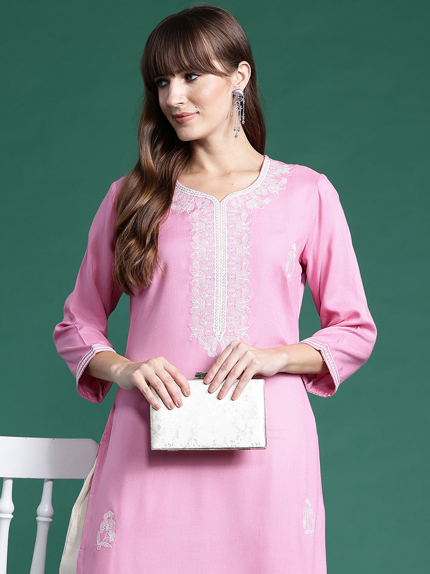 Pink Embroidered Straight Kurtas