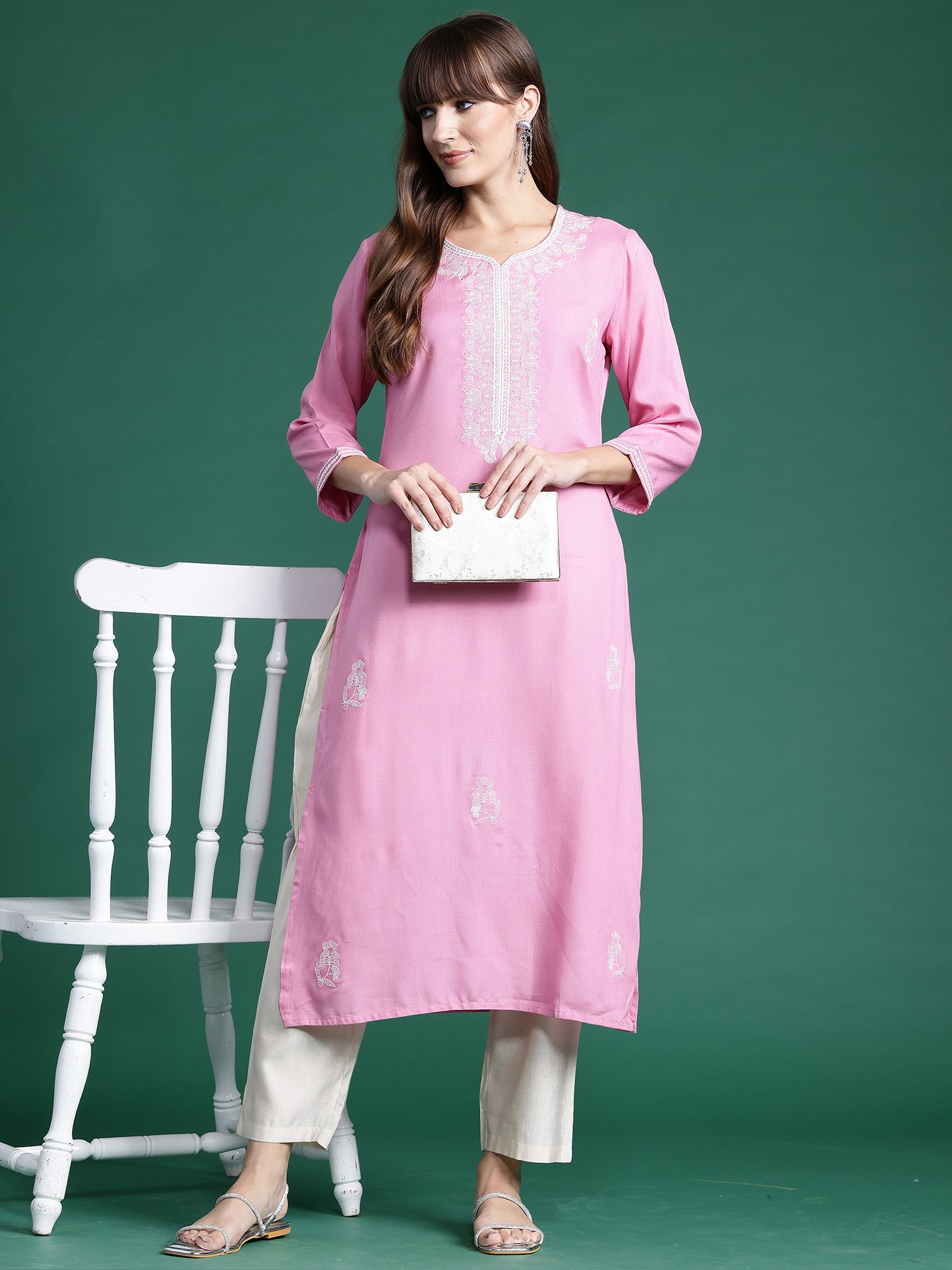 Pink Embroidered Straight Kurtas