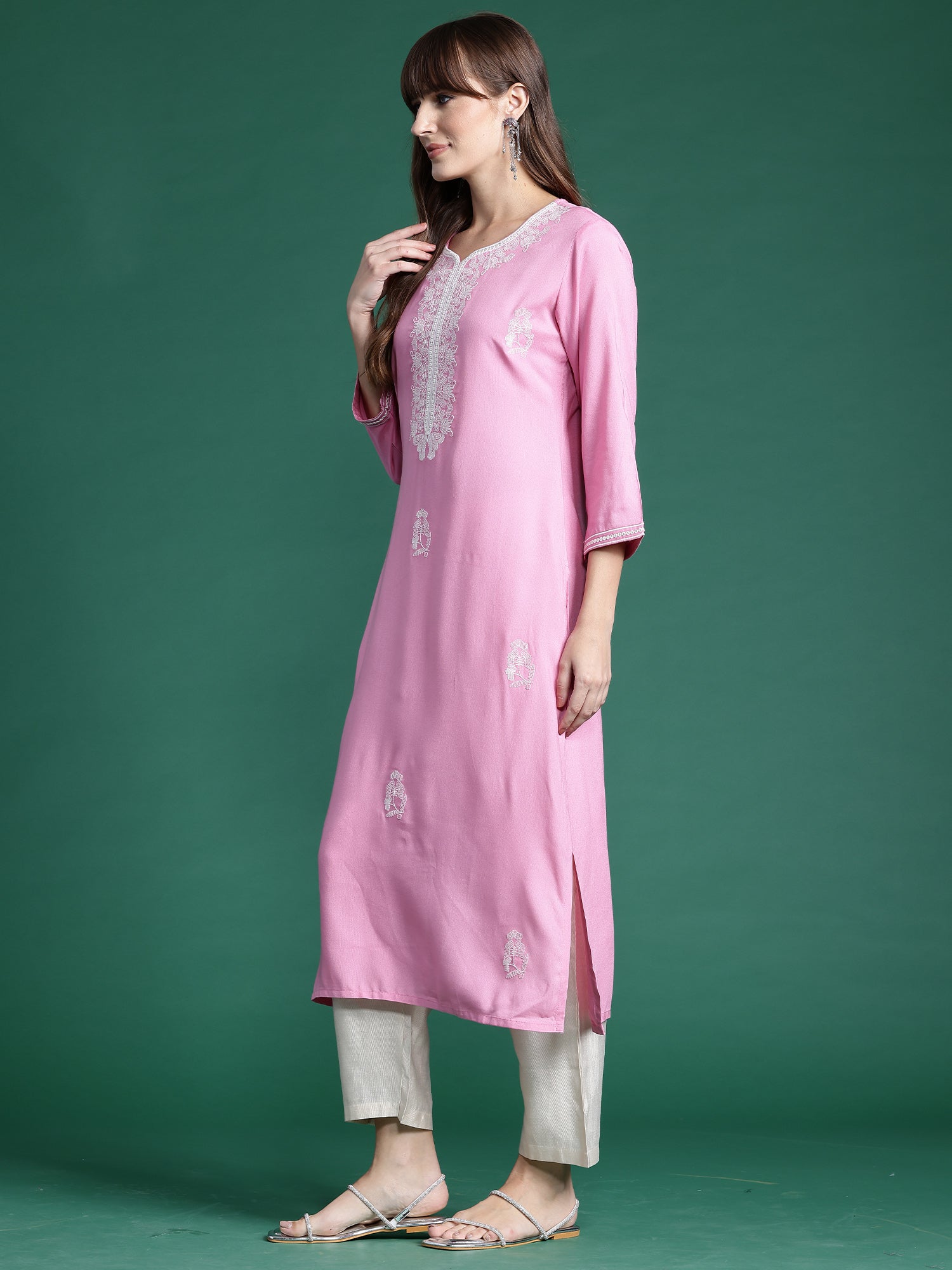 Pink Embroidered Straight Kurtas