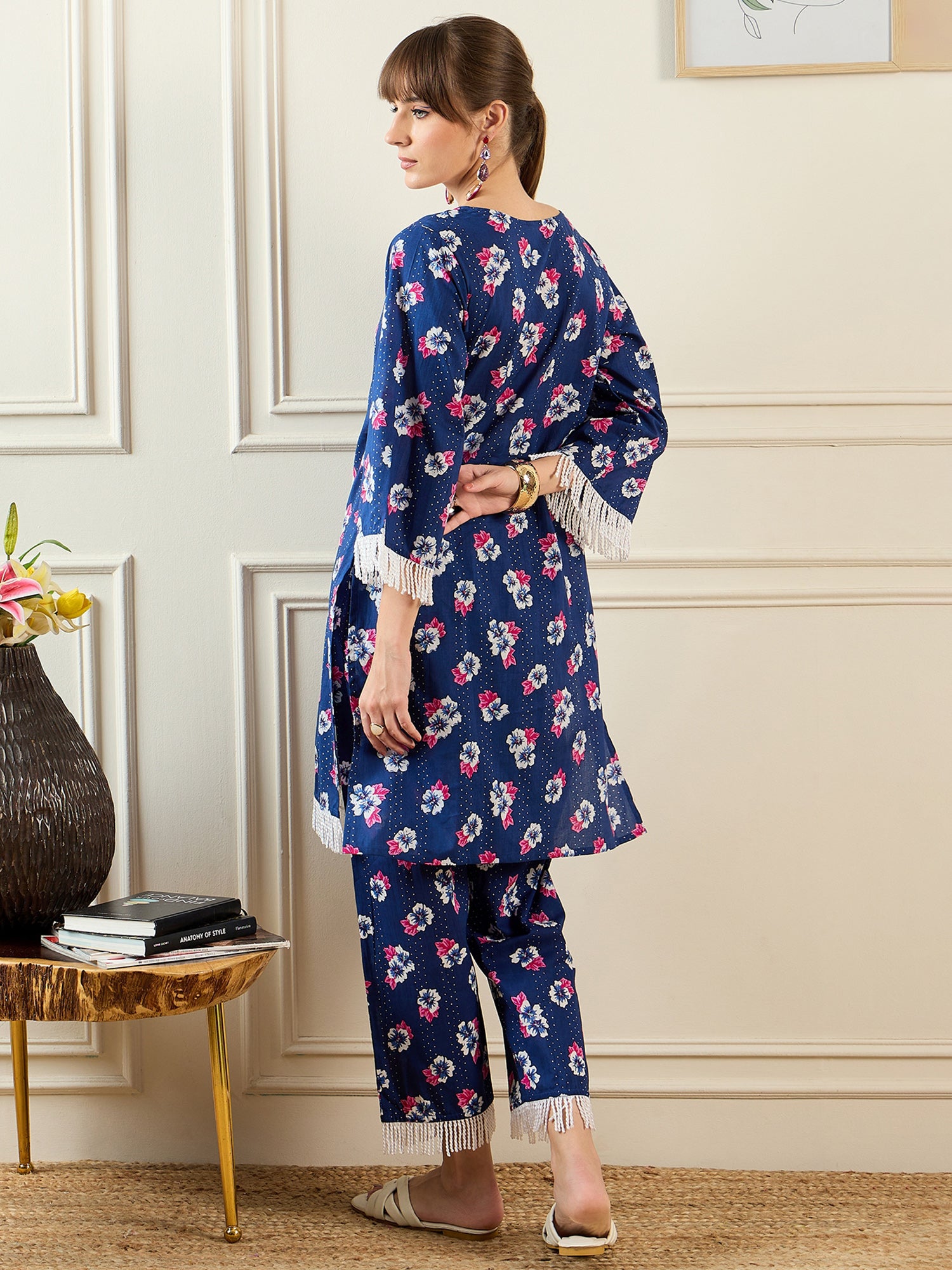 Blue Printed Straight Kurta Trousers Set