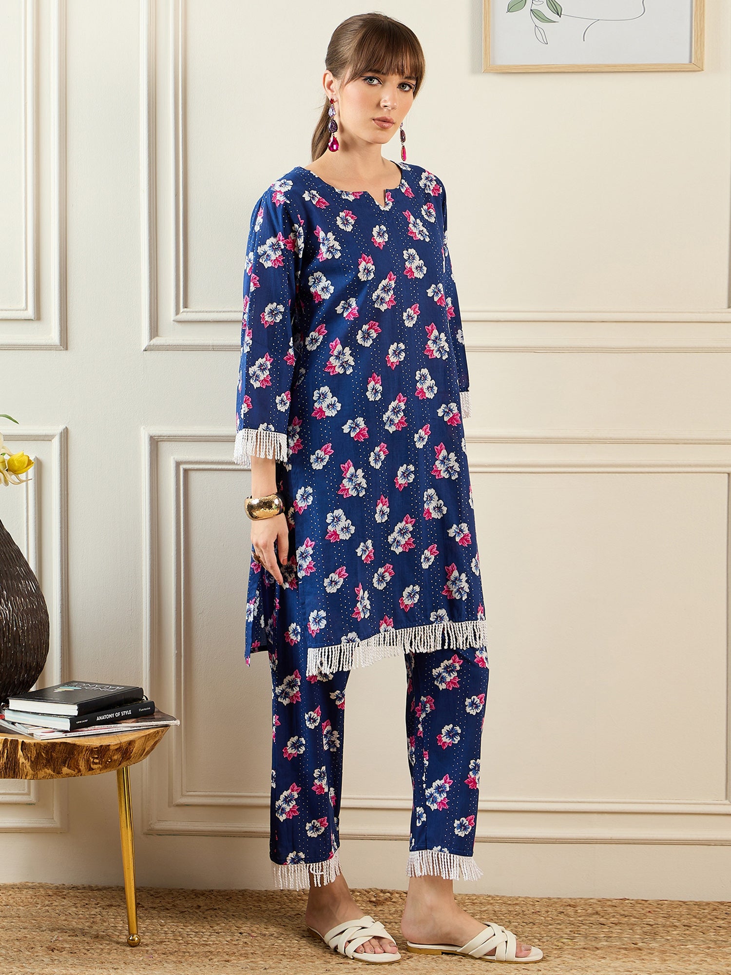 Blue Printed Straight Kurta Trousers Set