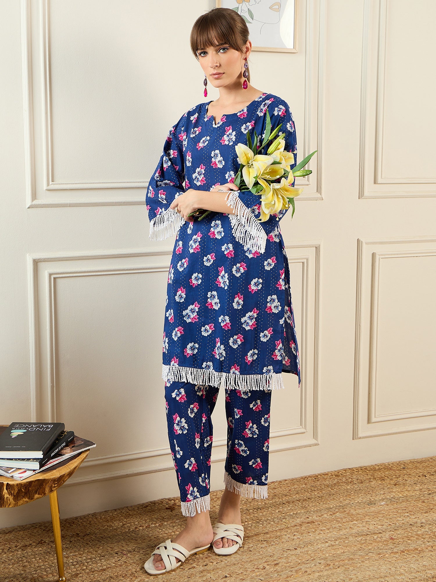 Blue Printed Straight Kurta Trousers Set