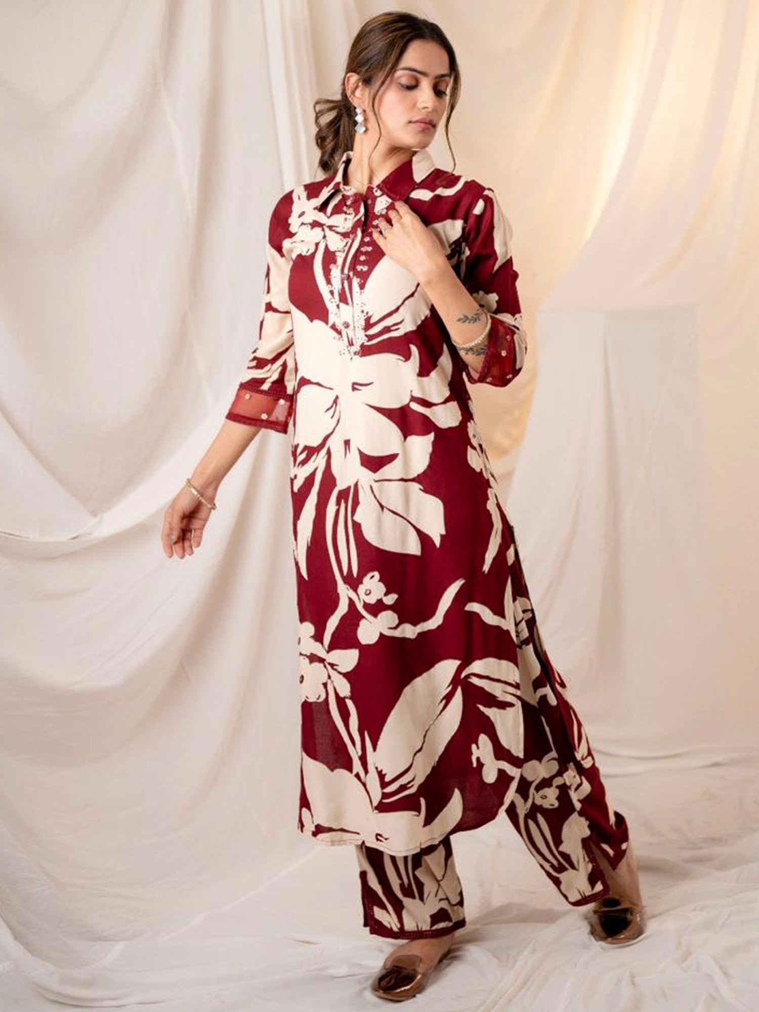 Maroon Printed Straight Kurta Trousers set