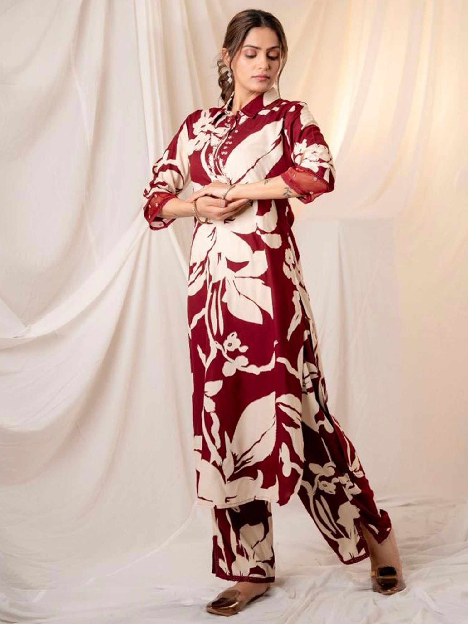 Maroon Printed Straight Kurta Trousers set