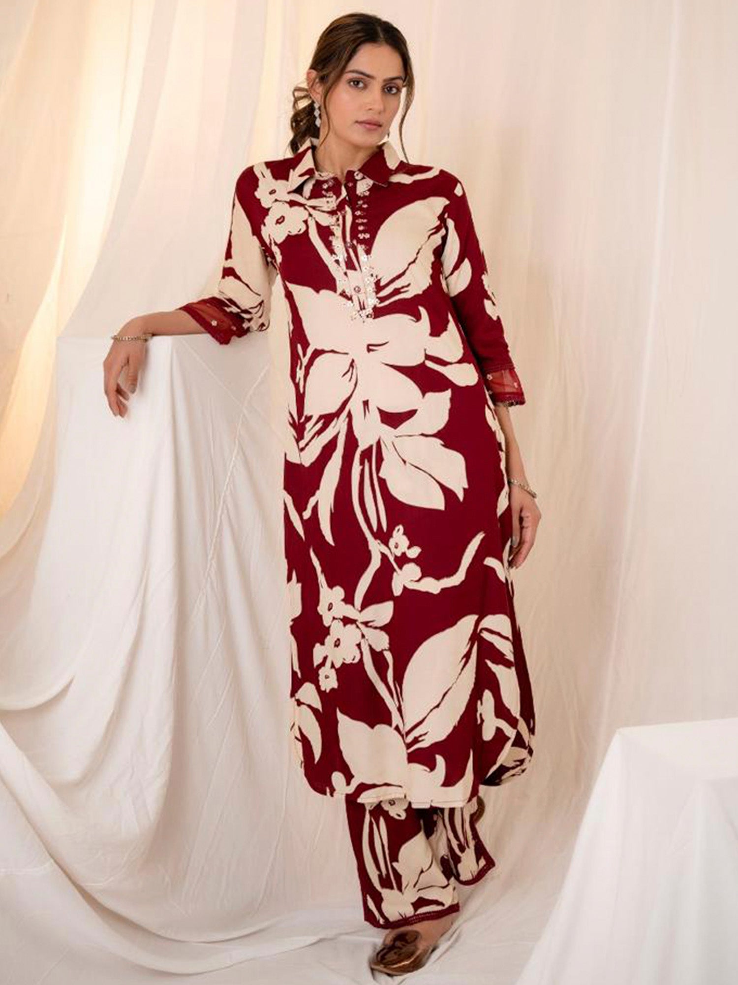 Maroon Printed Straight Kurta Trousers set