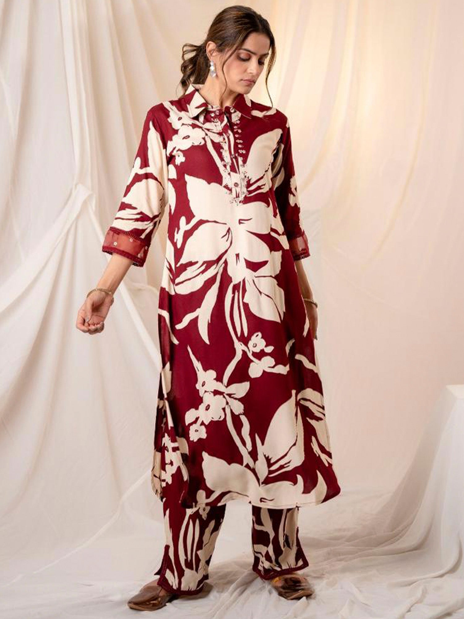 Maroon Printed Straight Kurta Trousers set