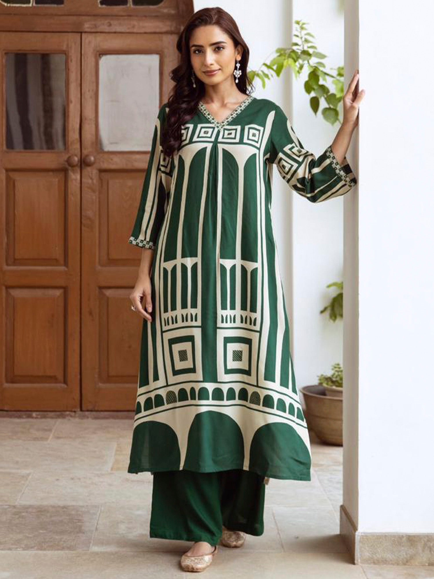 Green Printed A-Line Kurta Palazzos Set