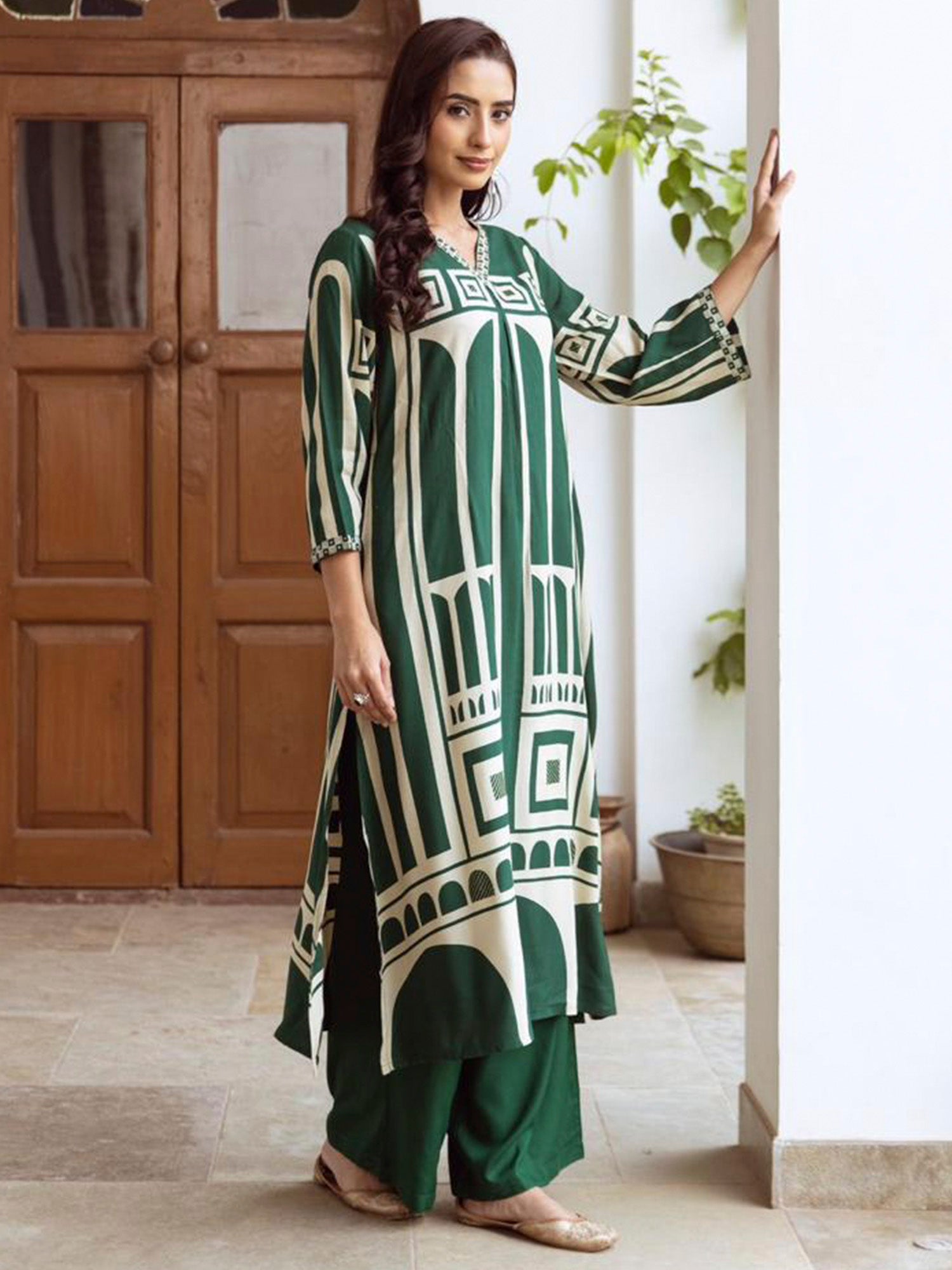 Green Printed A-Line Kurta Palazzos Set