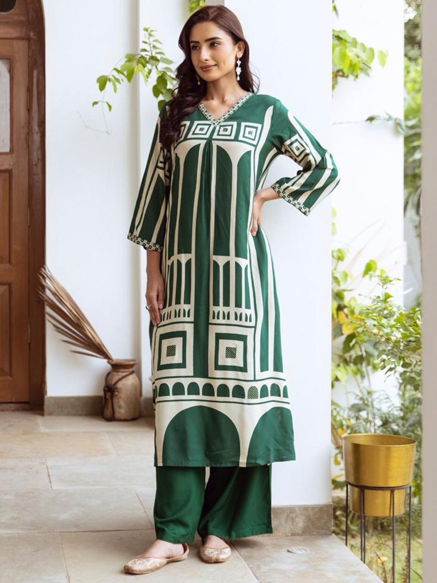 Green Printed A-Line Kurta Palazzos Set