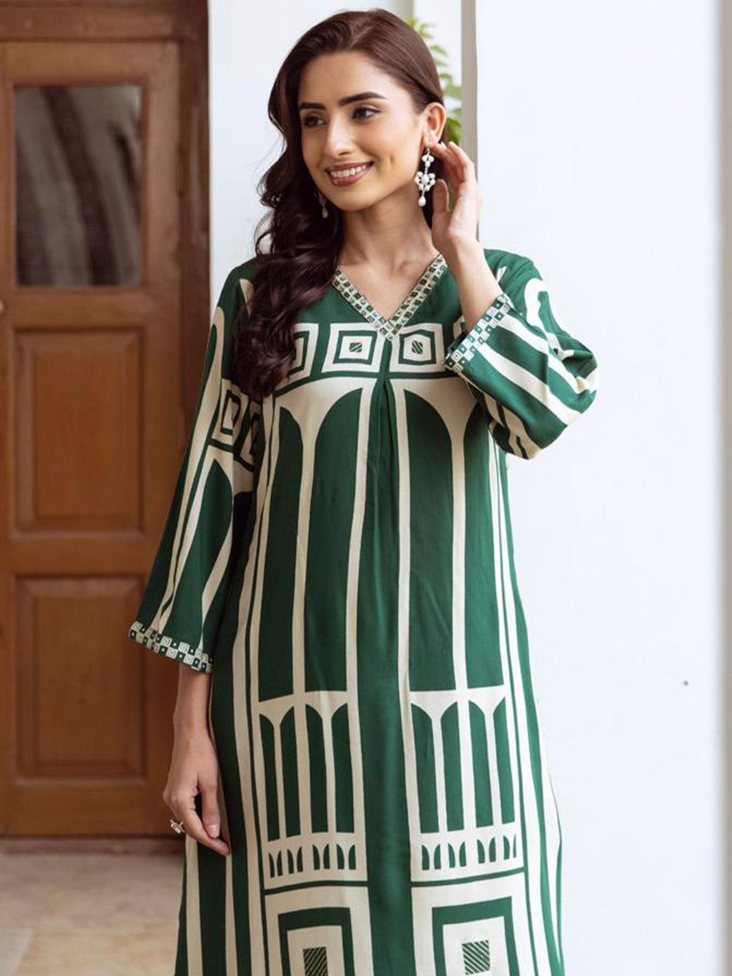 Green Printed A-Line Kurta Palazzos Set