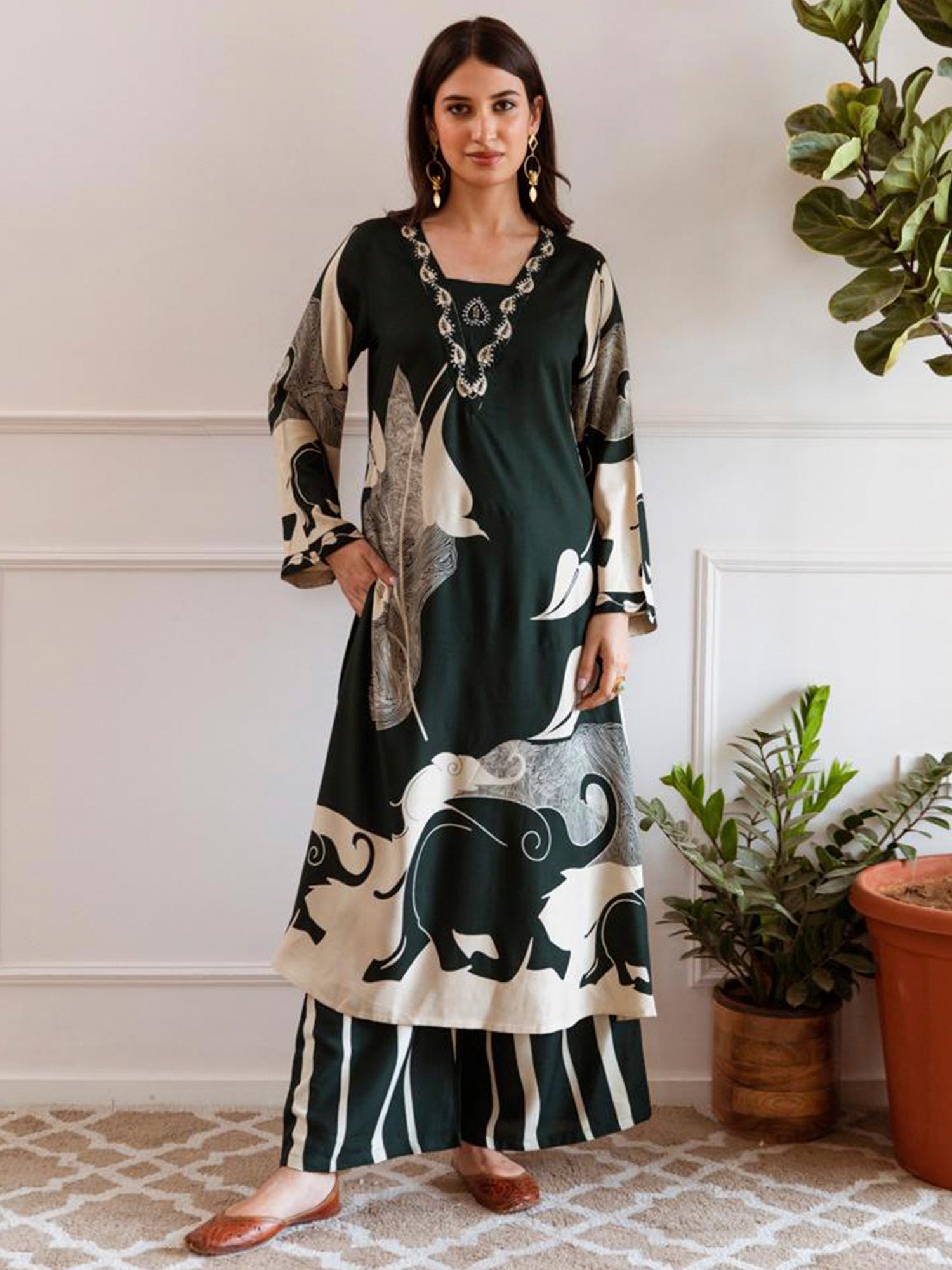 Green Printed A-Line Kurta Palazzos Set