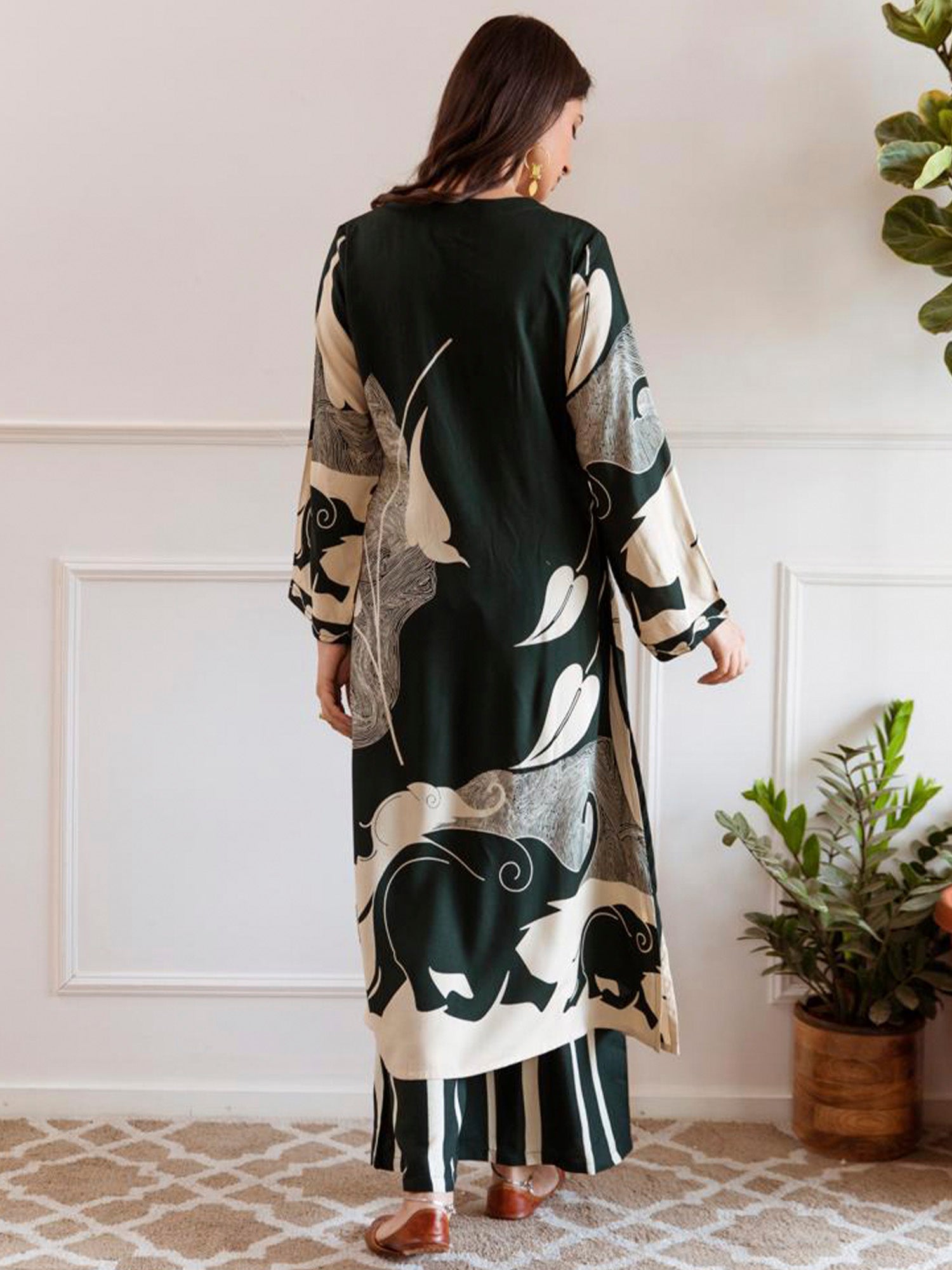 Green Printed A-Line Kurta Palazzos Set