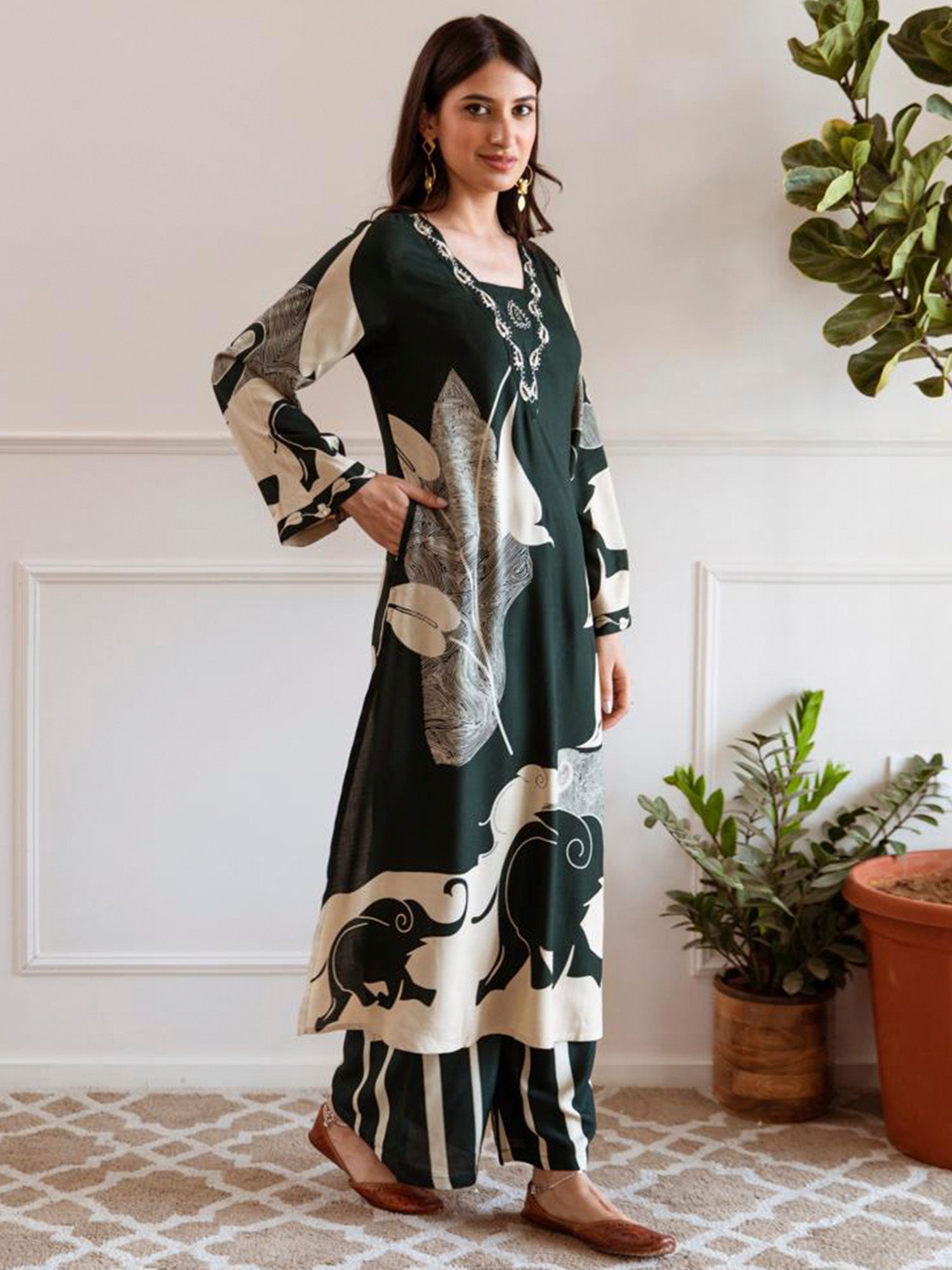 Green Printed A-Line Kurta Palazzos Set