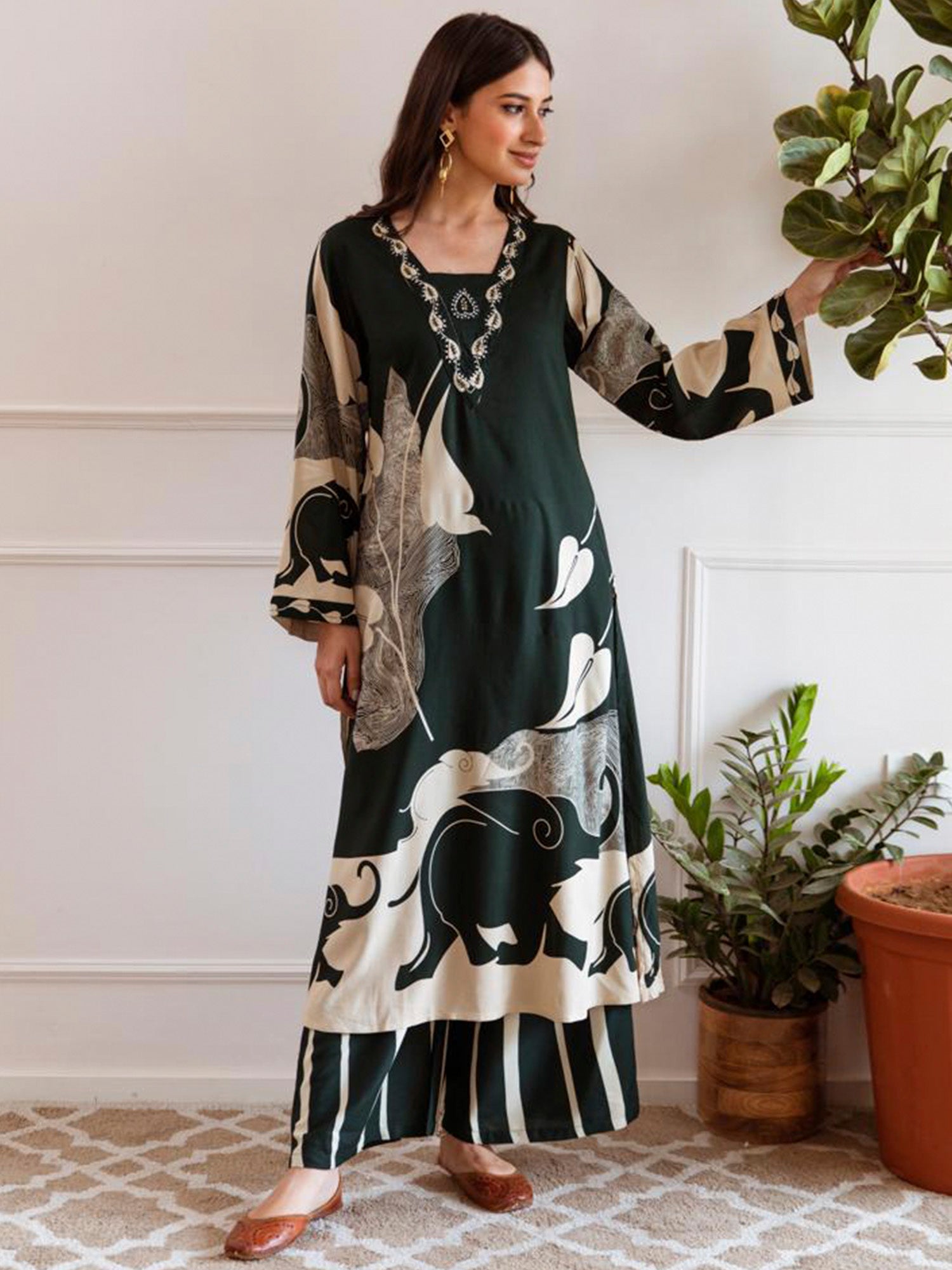 Green Printed A-Line Kurta Palazzos Set