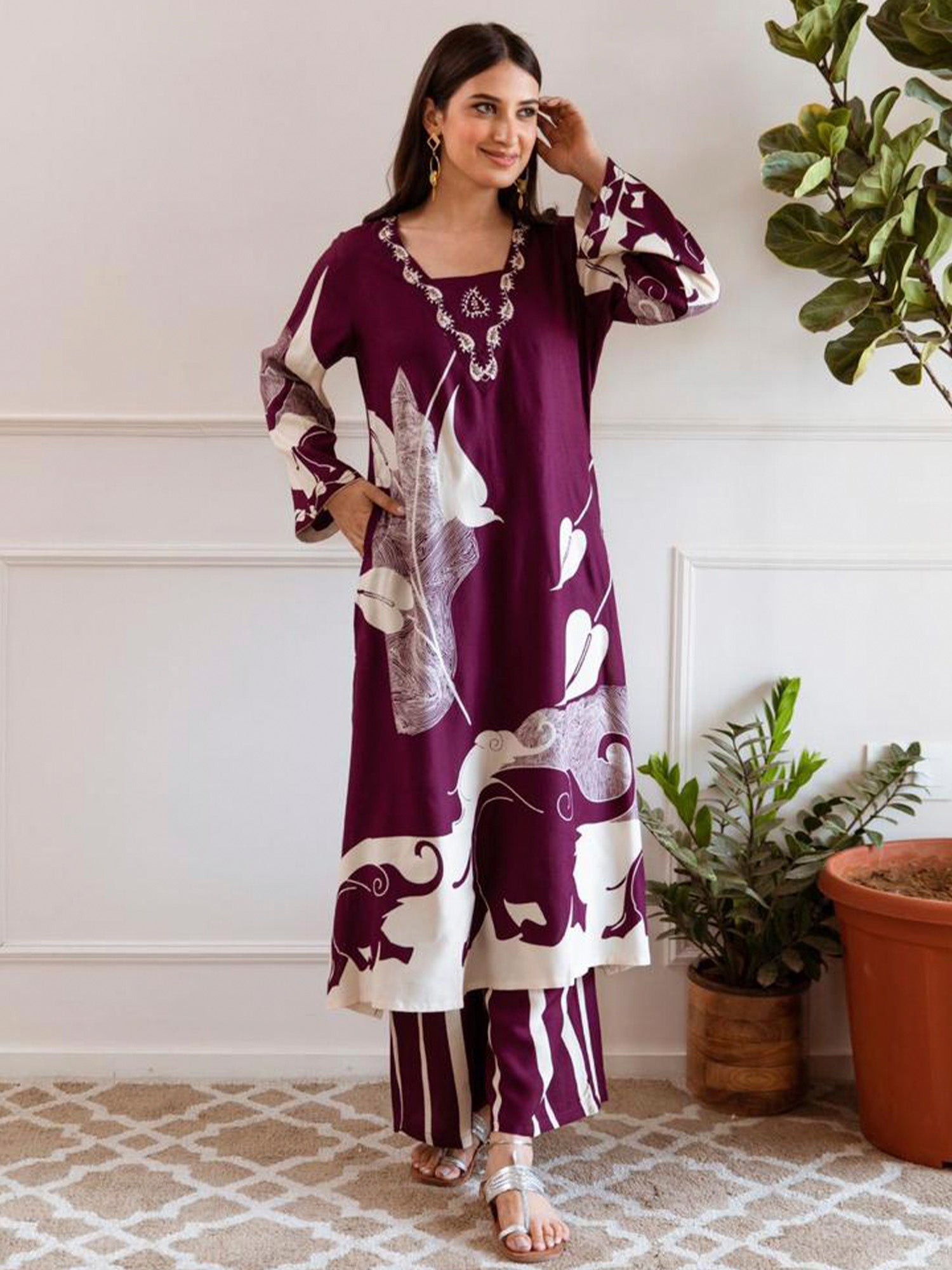 Burgundy Printed A-Line Kurta Palazzos Set