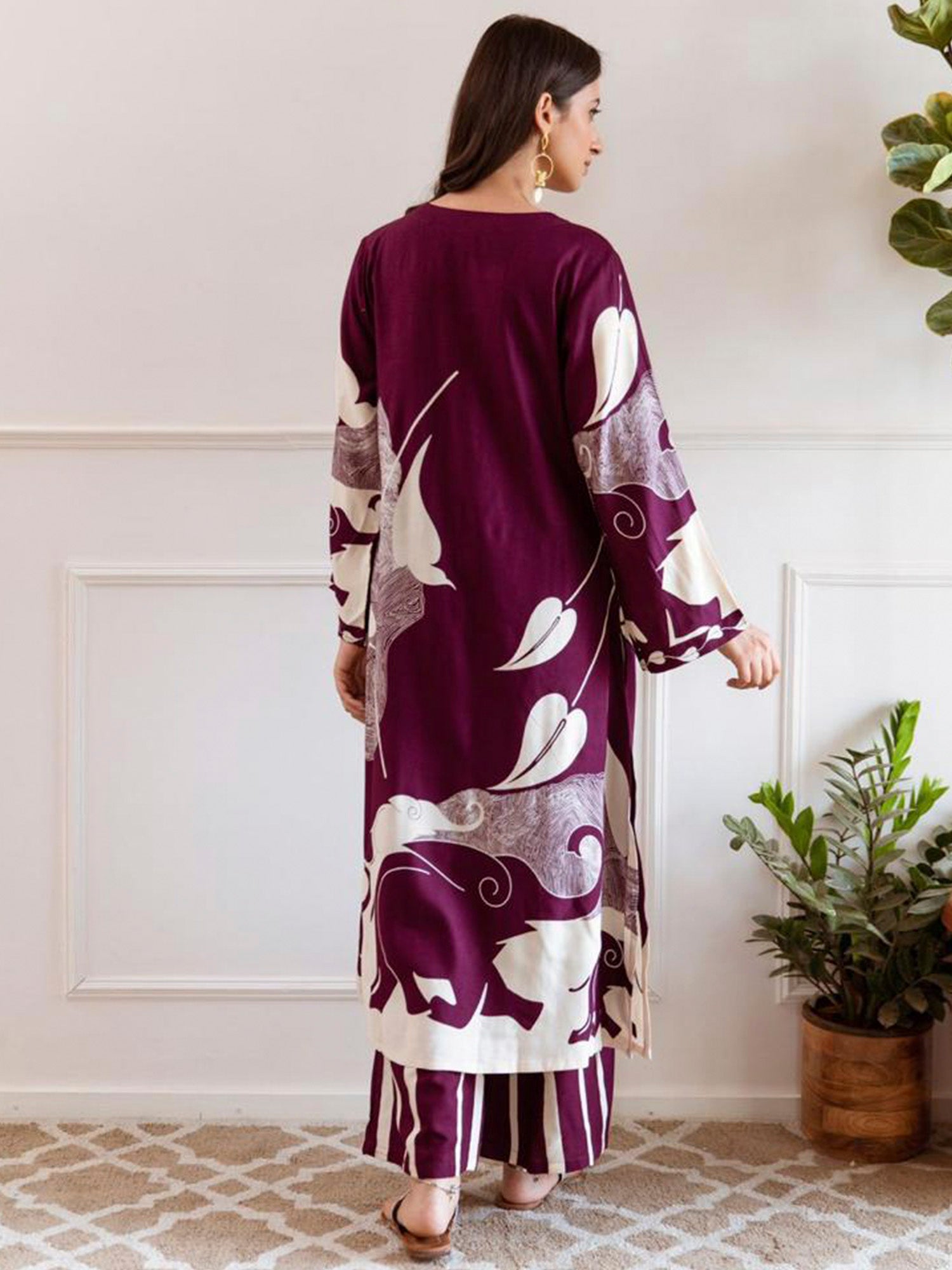 Burgundy Printed A-Line Kurta Palazzos Set