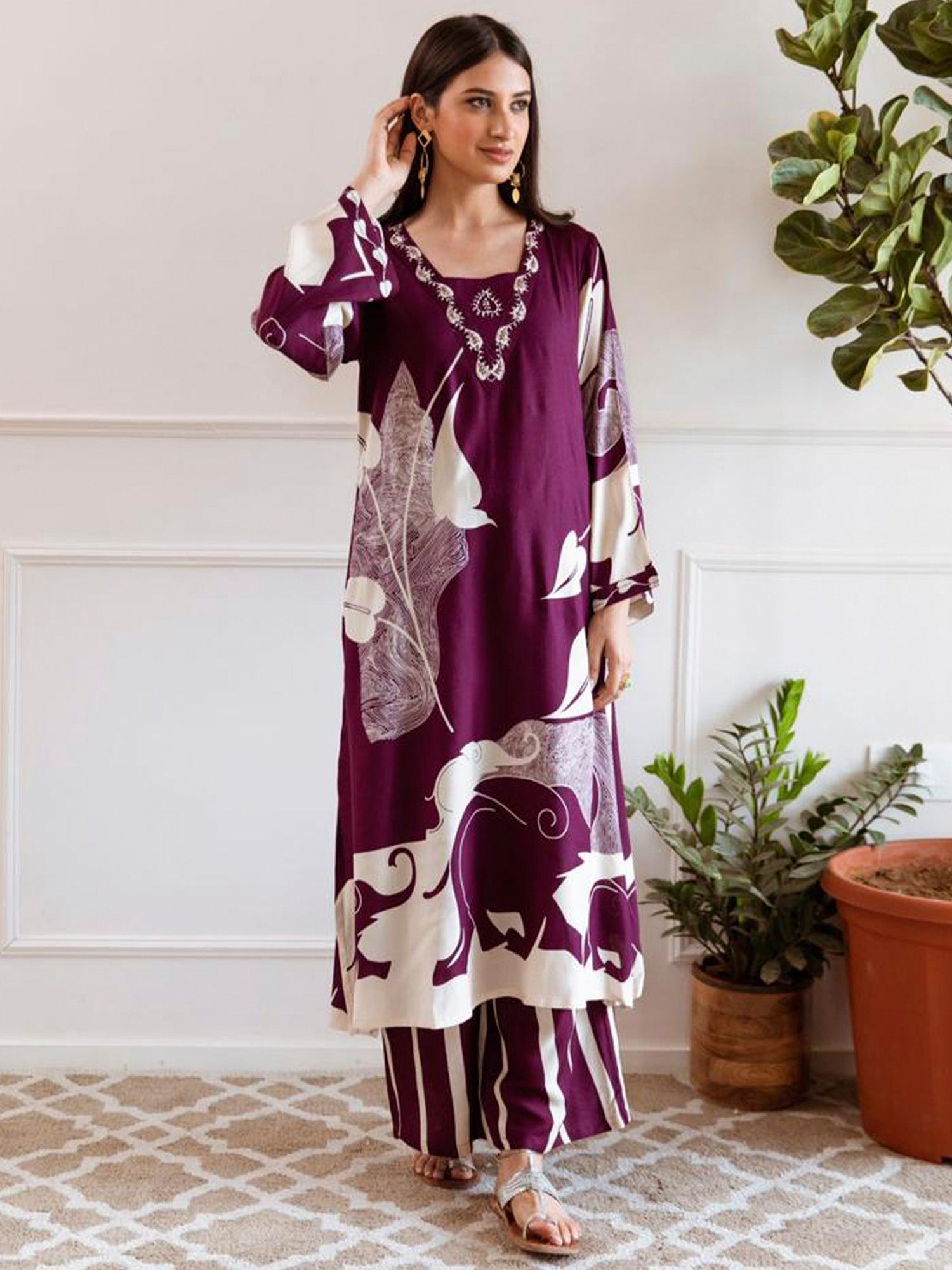 Burgundy Printed A-Line Kurta Palazzos Set